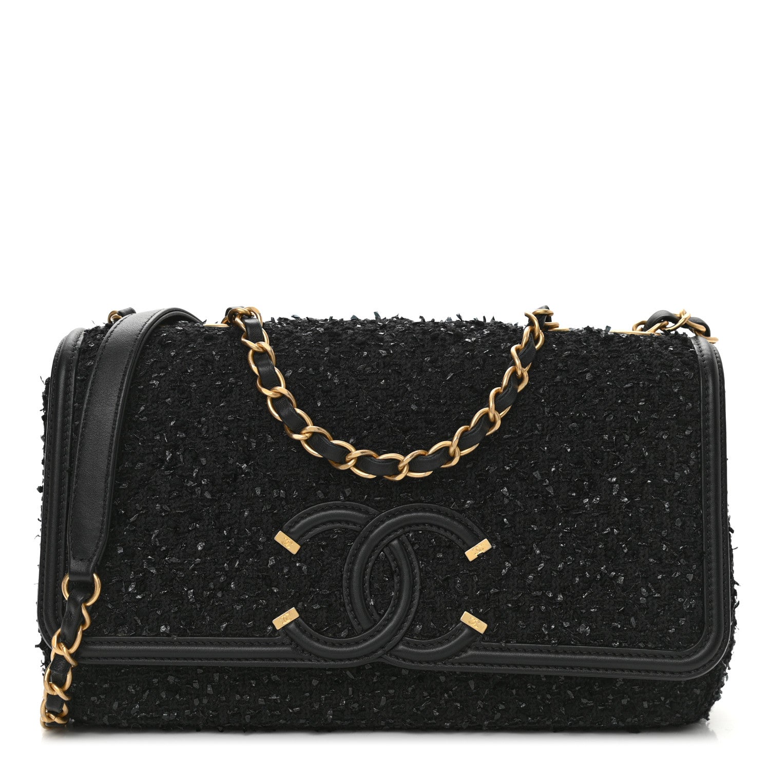 Chanel Tweed Calfskin Quilted Medium CC Filigree Flap Black 1 of 11