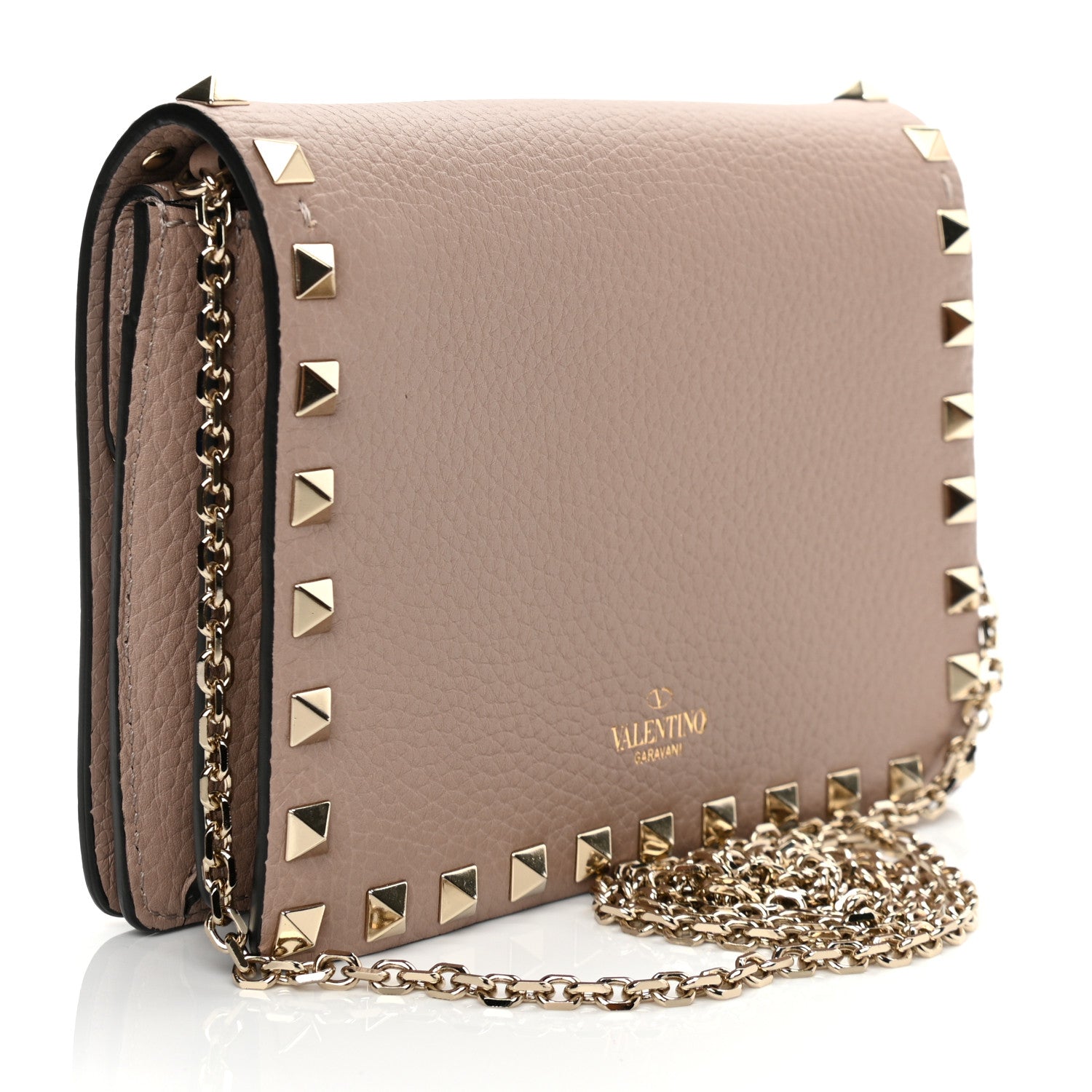 Valentino Garavani Pebbled Calfskin Rockstud Wallet On Chain Poudre 3 of 11