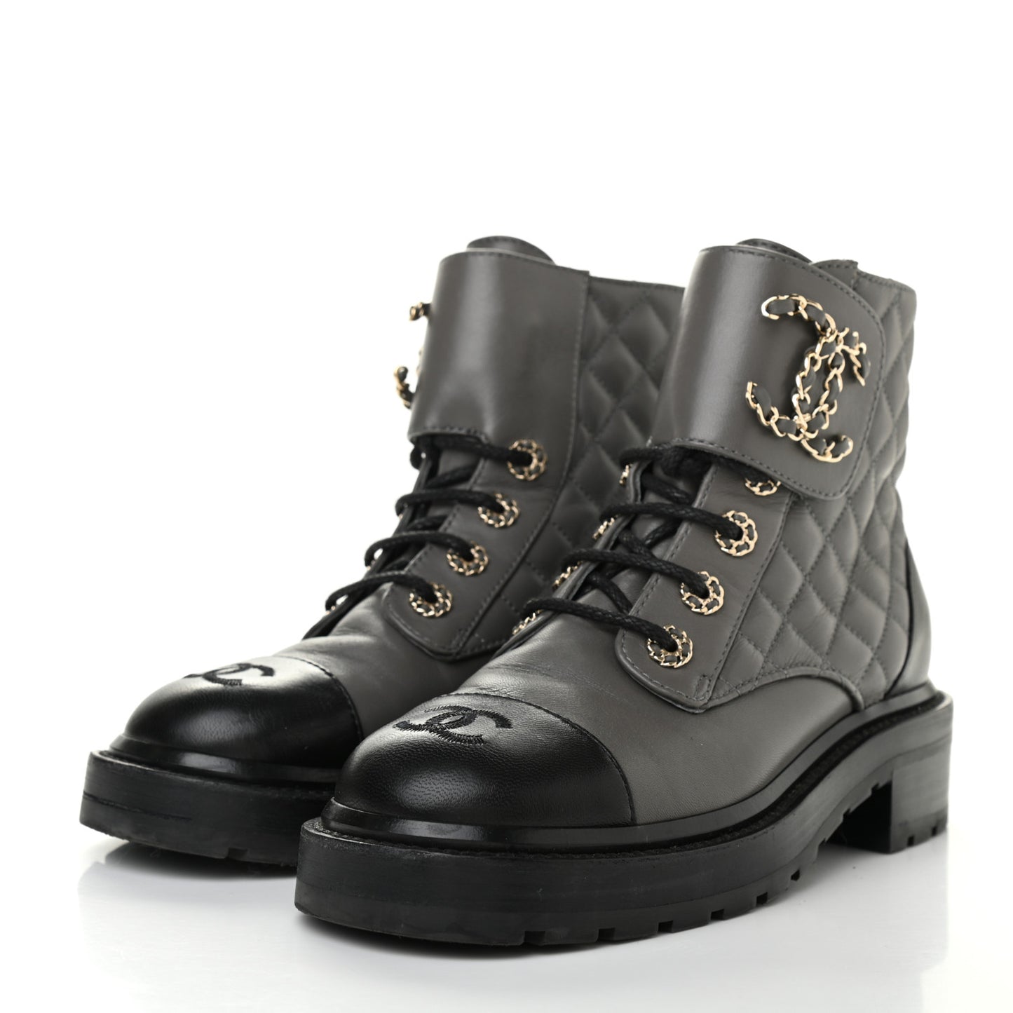 Shiny Lambskin Quilted Lace Up Combat Boots 36 Grey Black
