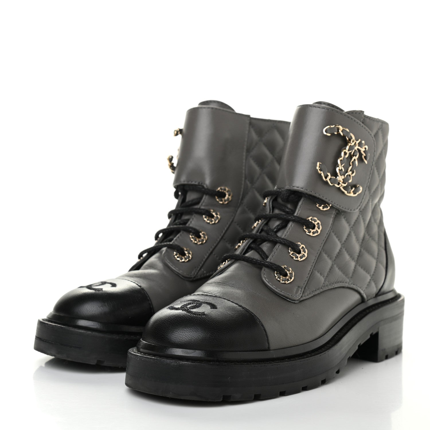 Chanel Shiny Lambskin Quilted Lace Up Combat Boots 36 Grey Black 3 of 13