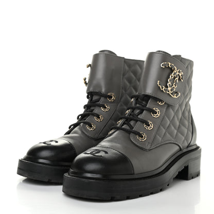 Chanel Shiny Lambskin Quilted Lace Up Combat Boots 36 Grey Black 3 of 13