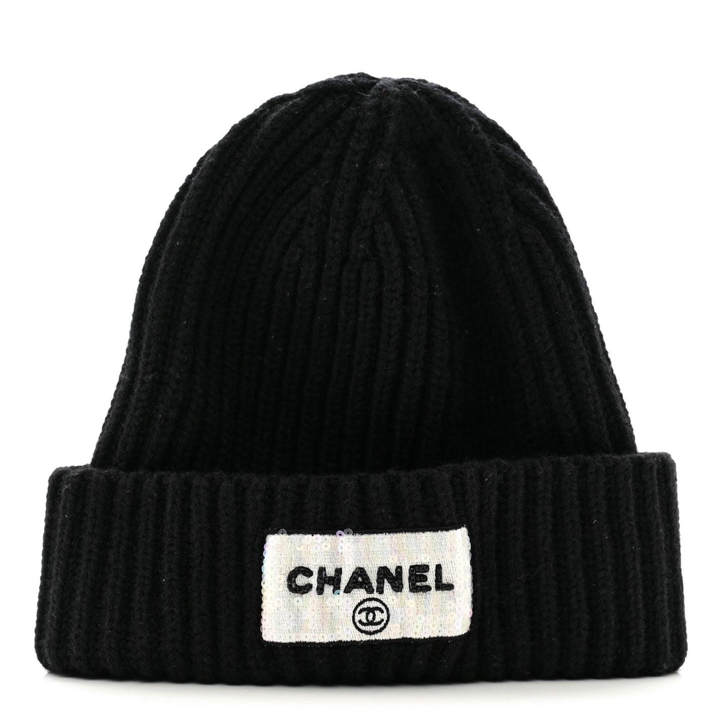 Cashmere Beaded Sequin Logo Beanie Hat Black