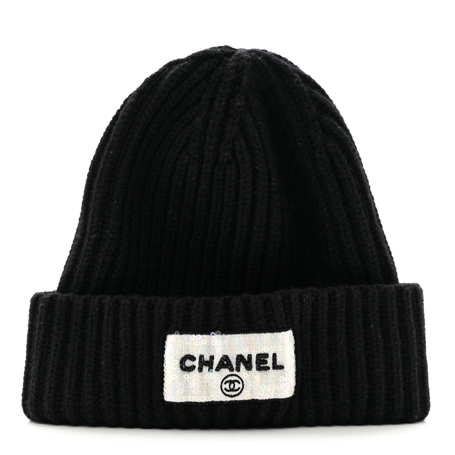 Chanel Cashmere Beaded Sequin Logo Beanie Hat Black 1 of 7