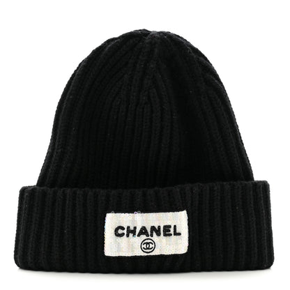 Chanel Cashmere Beaded Sequin Logo Beanie Hat Black 1 of 7
