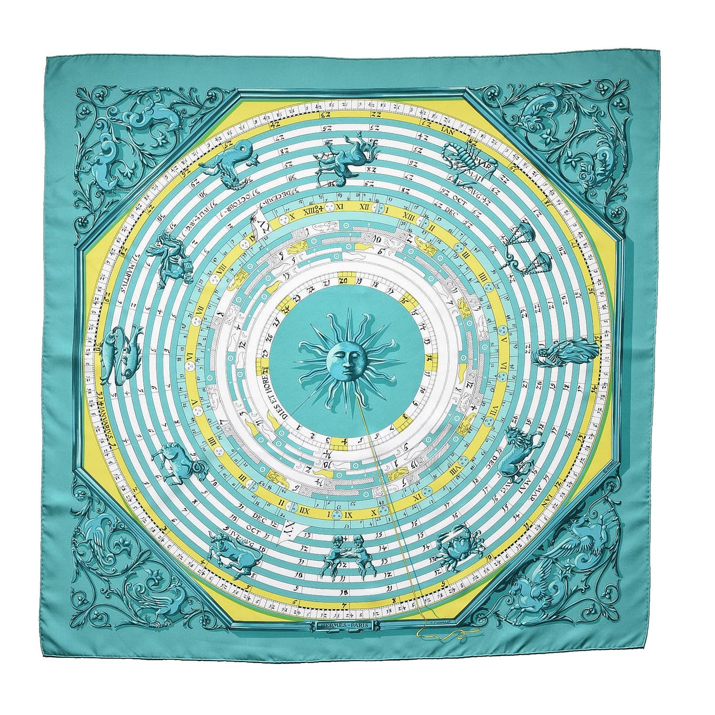 Silk Astrologie Scarf 90 Aqua Vert Anis Blanc