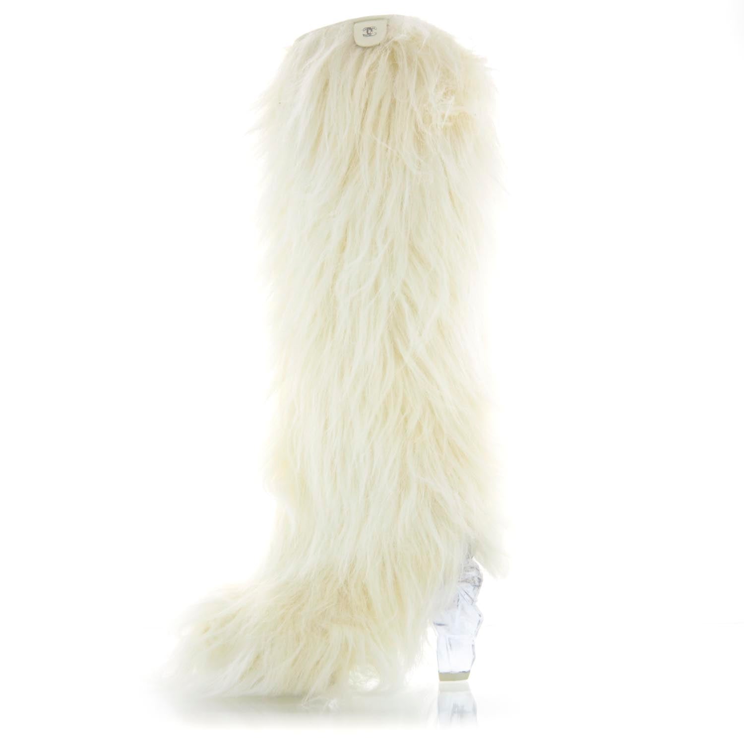Chanel Fantasy Fur Icicle Heel Mukluks Boots 37.5 Ecru 32148