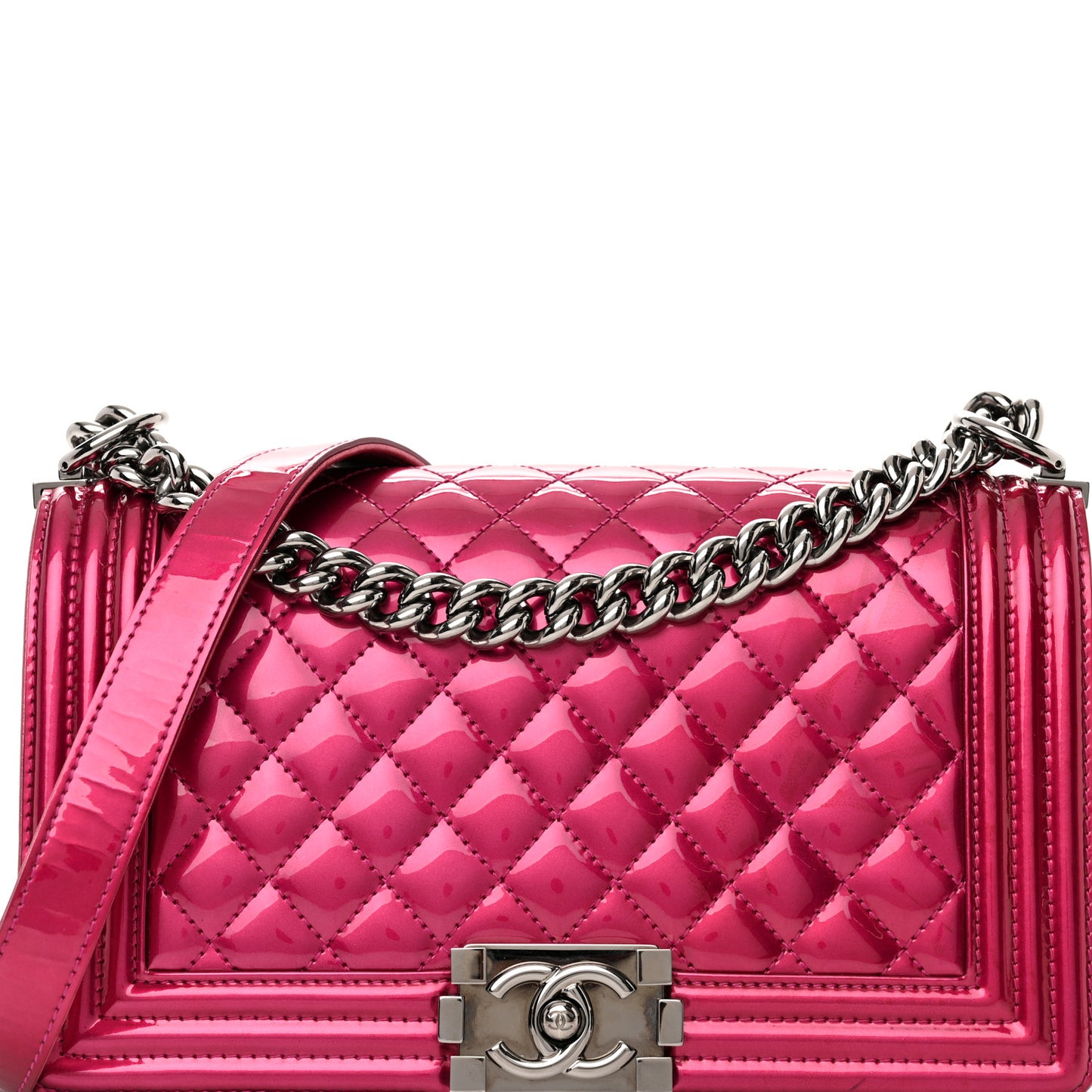 Metallic Patent Calfskin Quilted Medium Boy Flap Pink