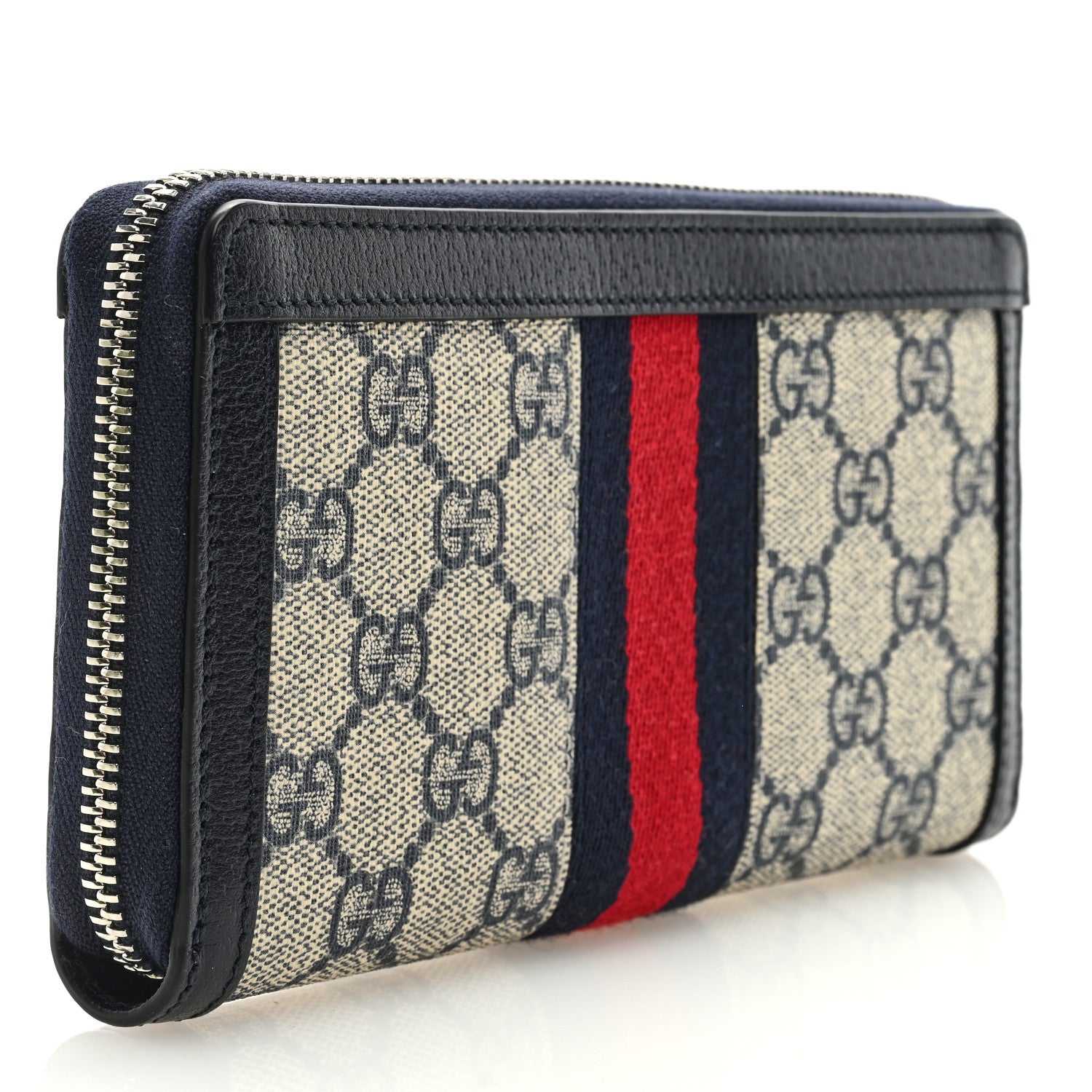 Gucci GG Supreme Monogram Textured Dollar Calfskin Web Ophidia Zip Around Wallet Beige Blue 3 of 6
