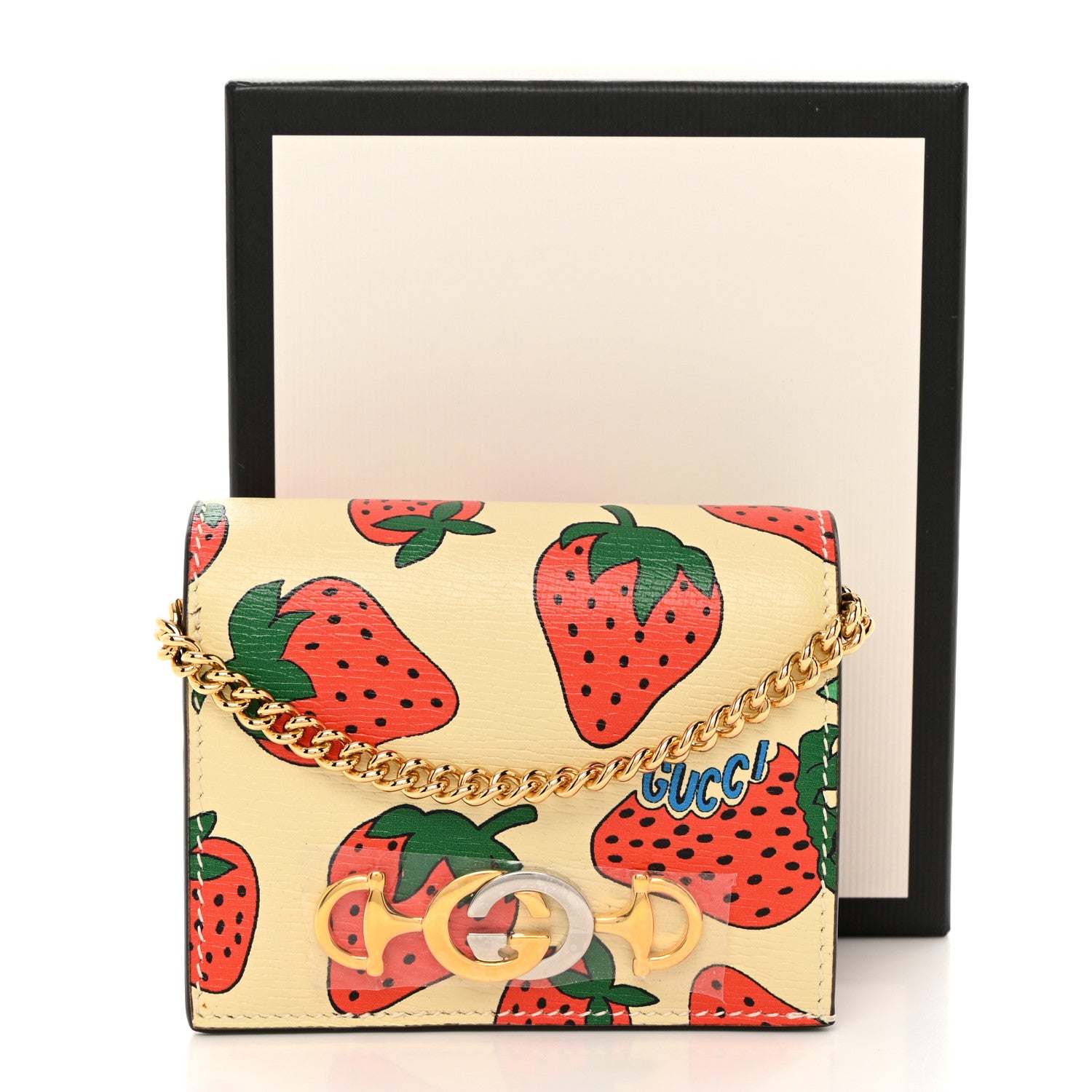 Gucci Calfskin Strawberry Print Zumi Chain Card Case Wallet Ivory Red 10 of 10