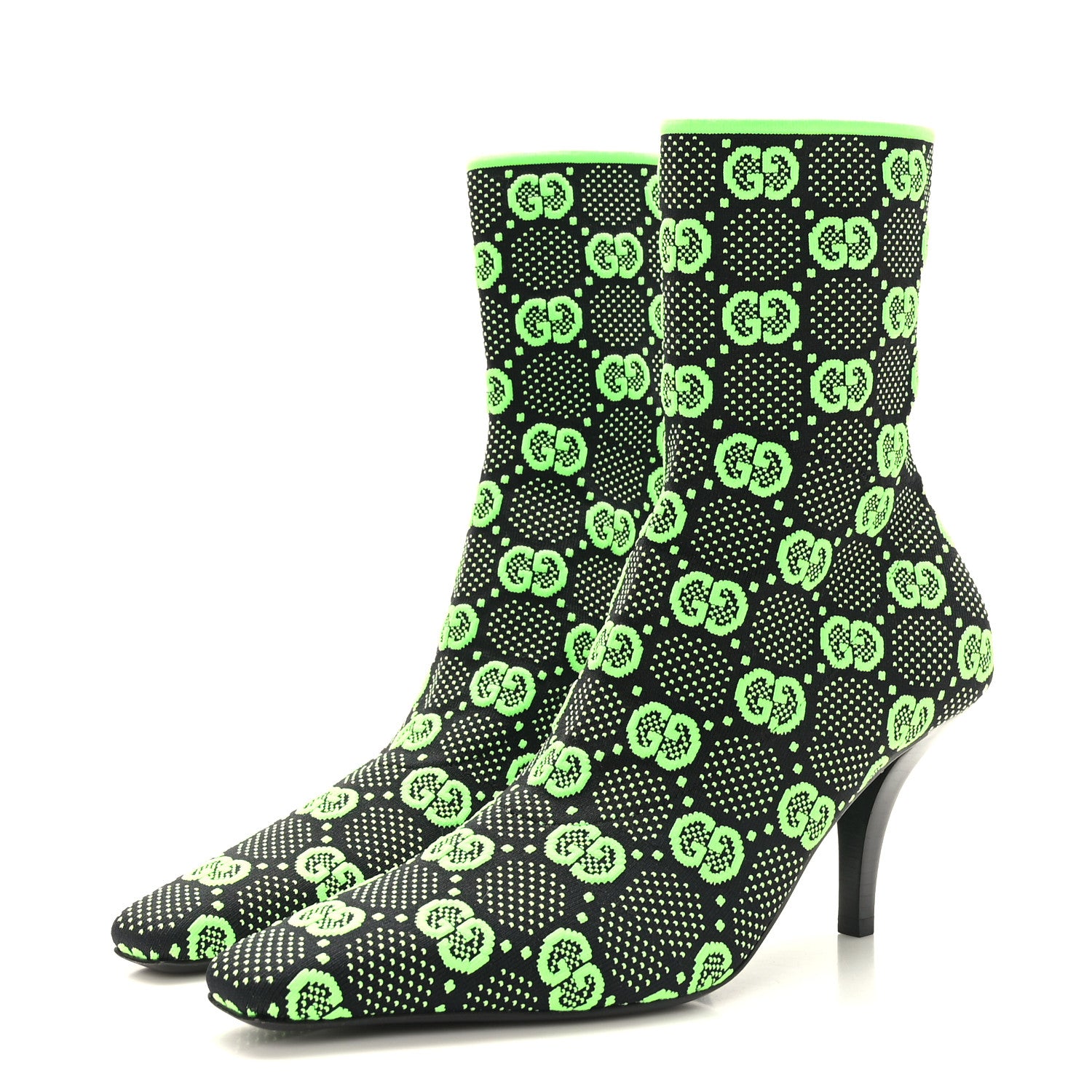 Gucci Technical Jersey Knit GG Monogram Square G 75mm Ankle Boots 38.5 Black Neon Green 3 of 7