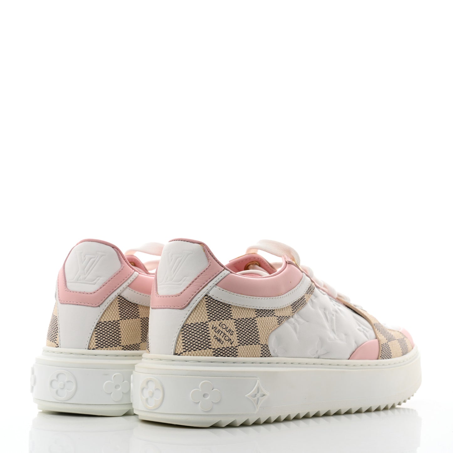 Monogram Embossed Calfskin Damier Azur Time Out Sneakers 38.5 Rose Clair Pink