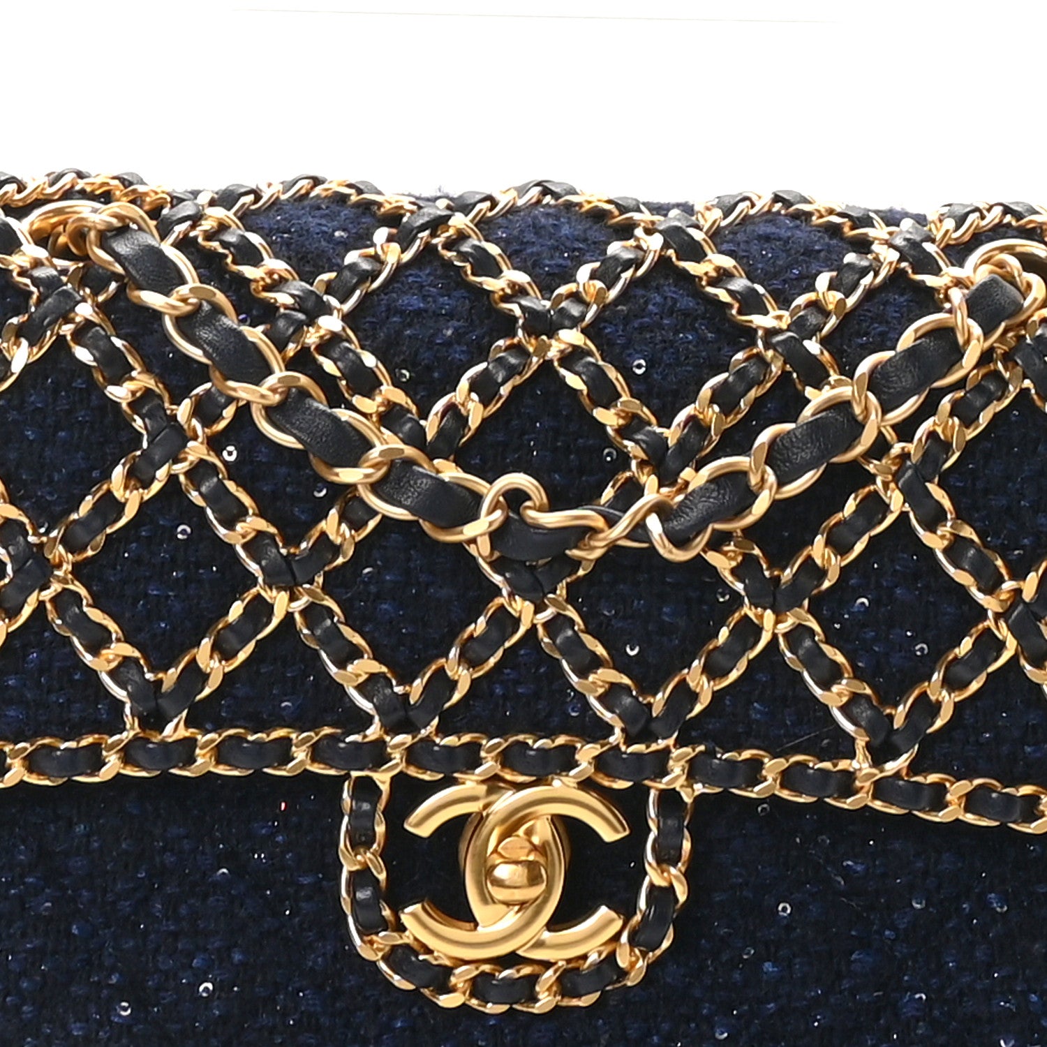 Chanel Tweed Sequin Timeless Classic Chained Double Flap Navy Blue 8 of 11