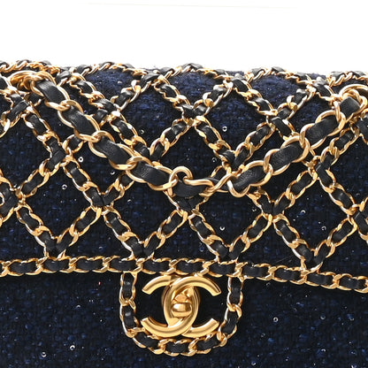 Chanel Tweed Sequin Timeless Classic Chained Double Flap Navy Blue 8 of 11