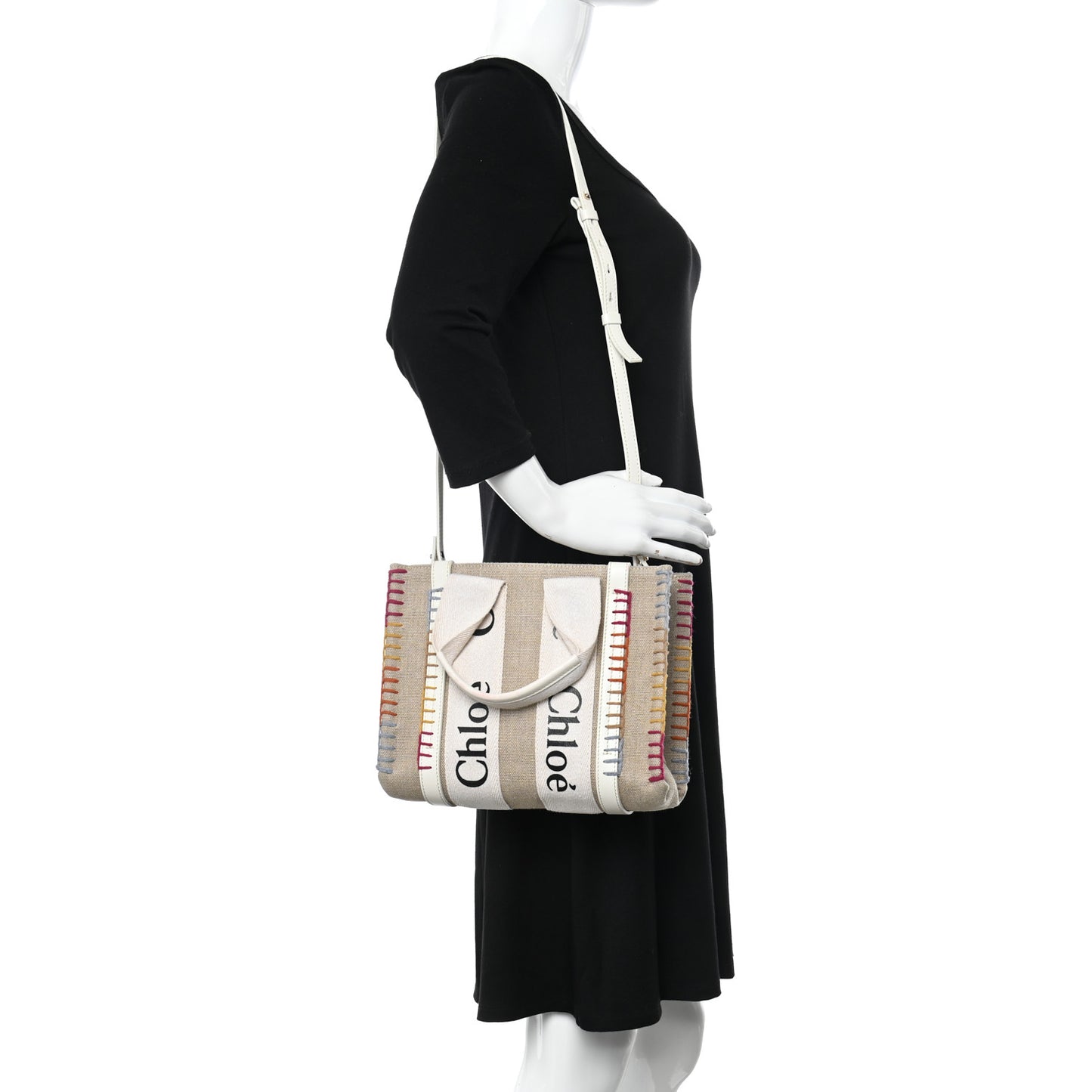 Linen Canvas Calfskin Blanket Stitched Small Woody Ribbon Tote White Multicolor