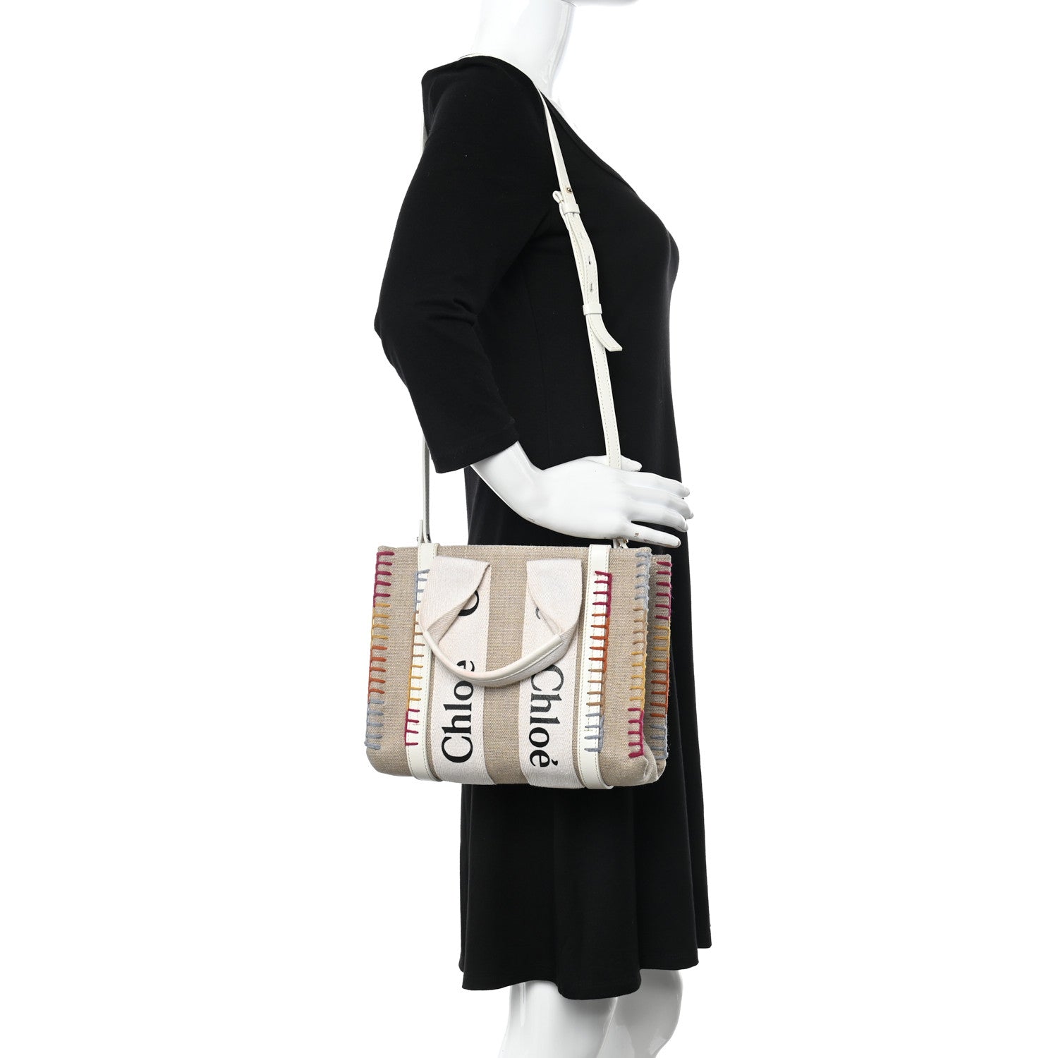 Chloe Linen Canvas Calfskin Blanket Stitched Small Woody Ribbon Tote White Multicolor 2 of 11