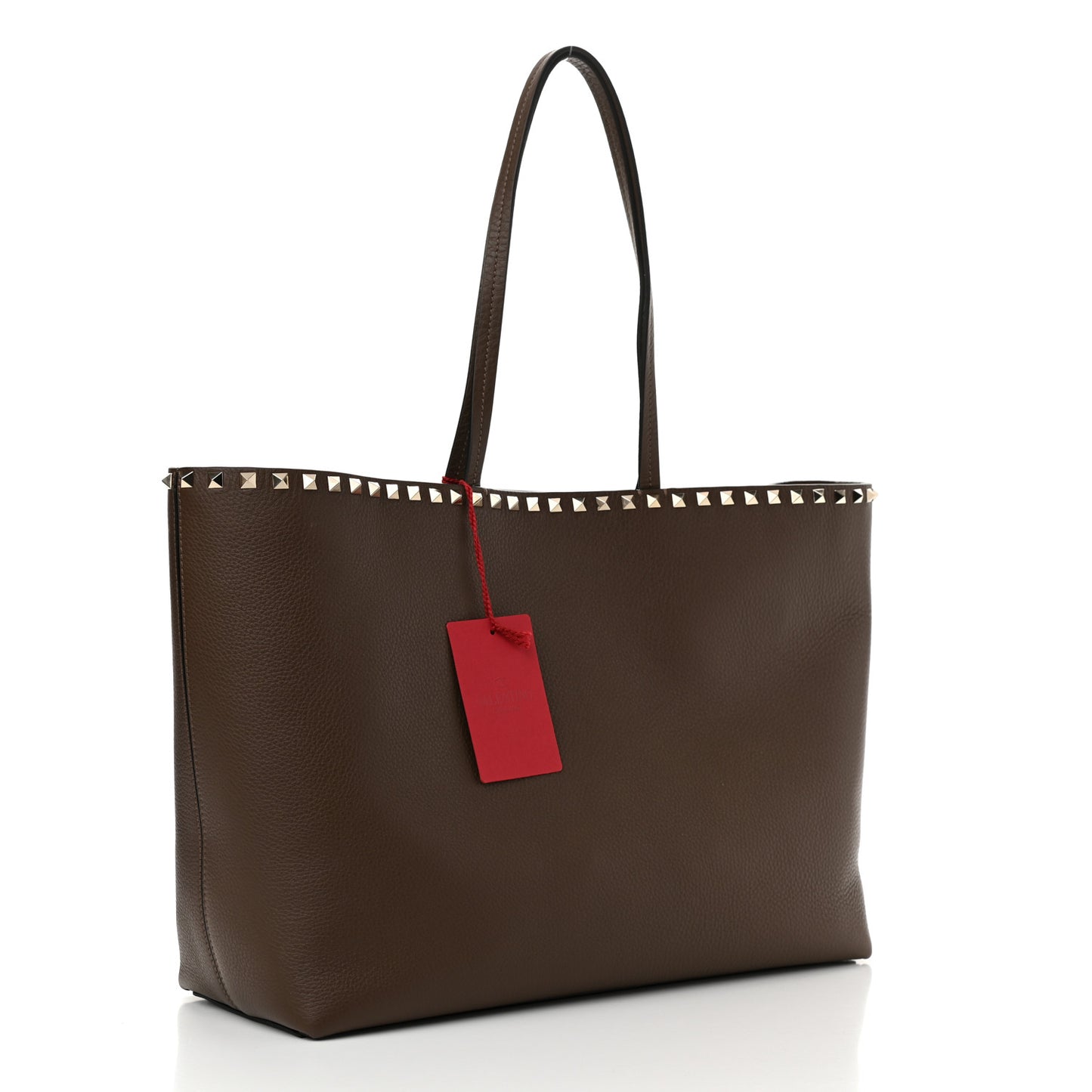 Grained Calfskin Rockstud Shoulder Tote Deep Taupe