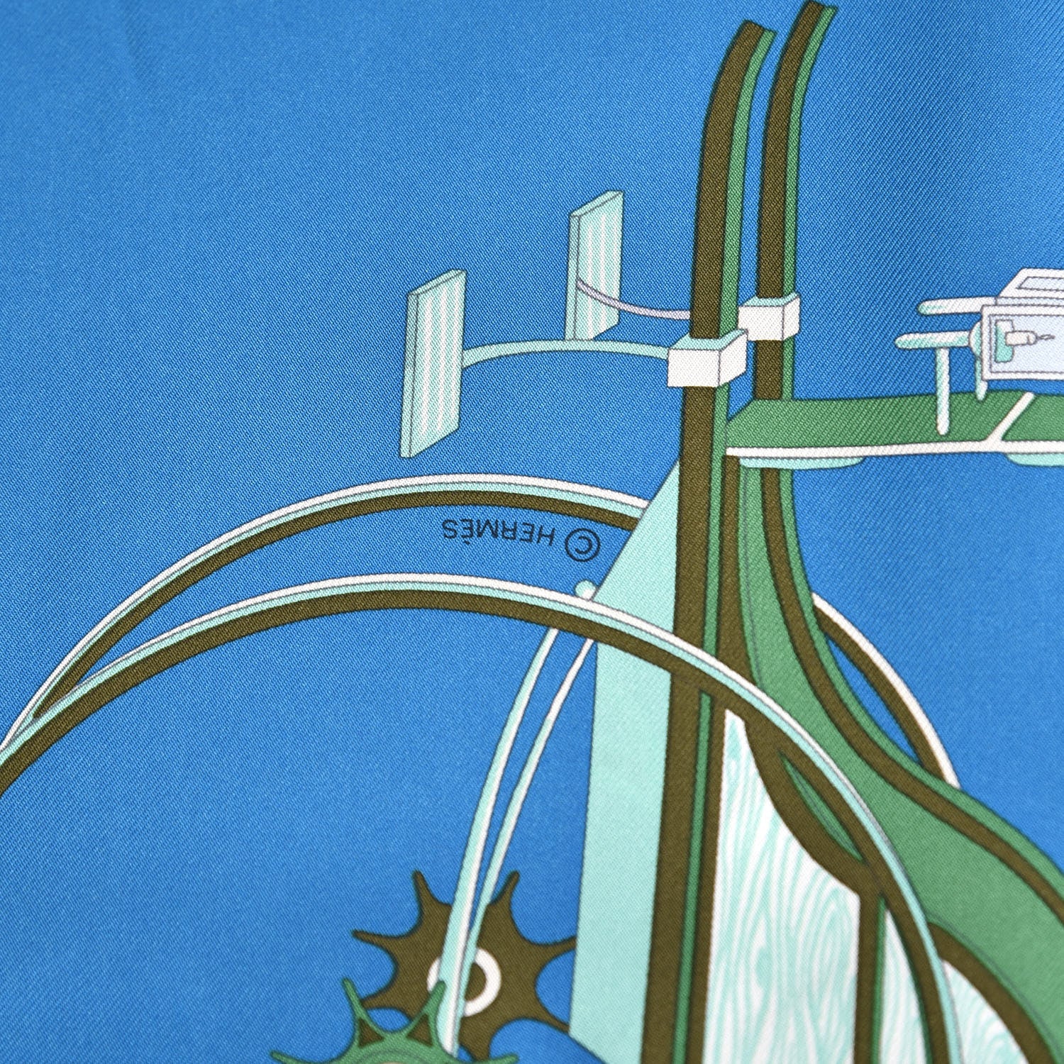 Hermes Silk Les Voitures A Transformation Scarf 90 Bleu Cobalt Ivorie Vert 5 of 7