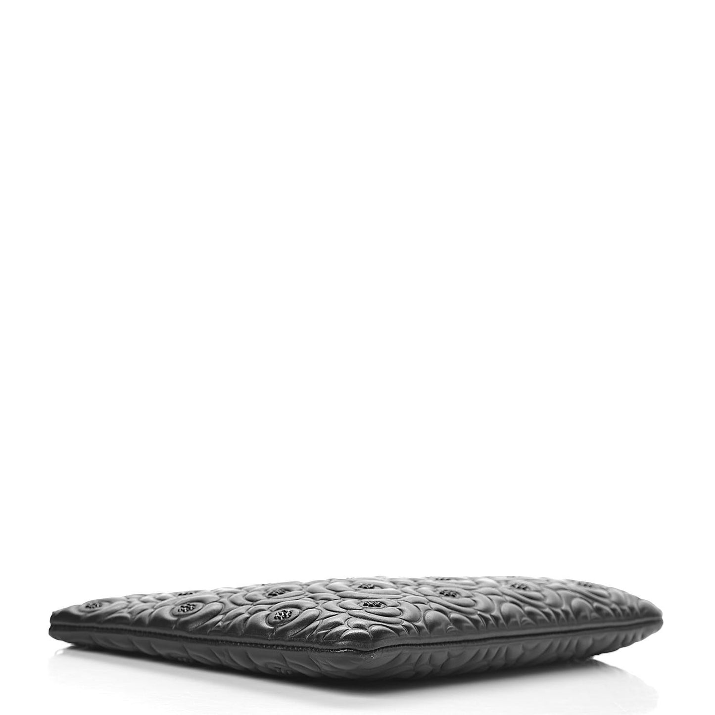 Lambskin Crystal Camellia Embossed Medium Cosmetic Case Black