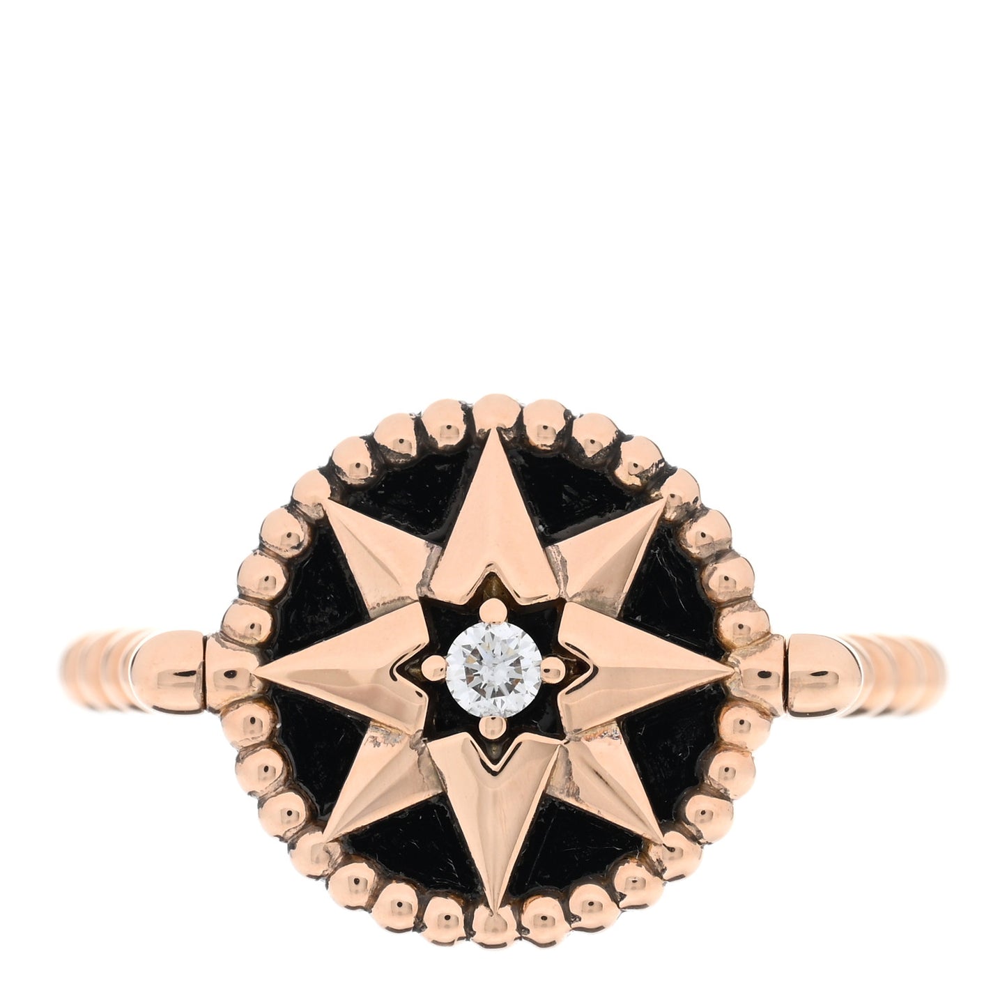 18K Rose Gold Diamond Black Onyx Rose Des Vents Ring 55 7.25