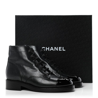 Chanel Iridescent Calfskin Patent Cap Toe Combat Boots 39 Black 9 of 9