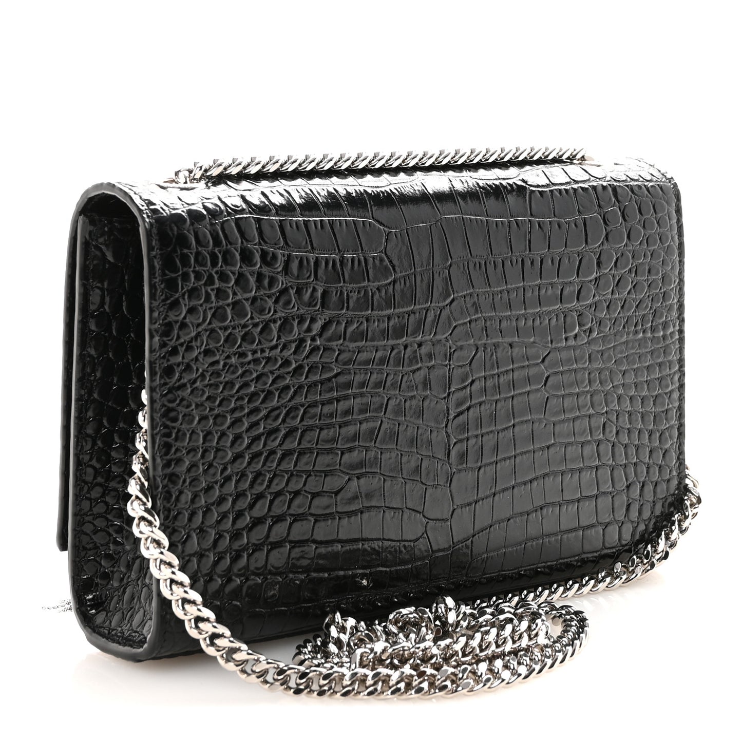 Calfskin Crocodile Embossed Small Classic Monogram Kate Tassel Satchel Black