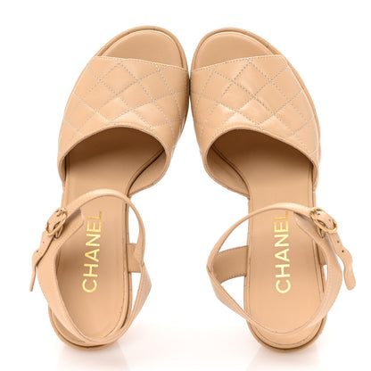 Chanel Lambskin Quilted Peep Toe Wedge Sandals 38 Beige 2 of 9