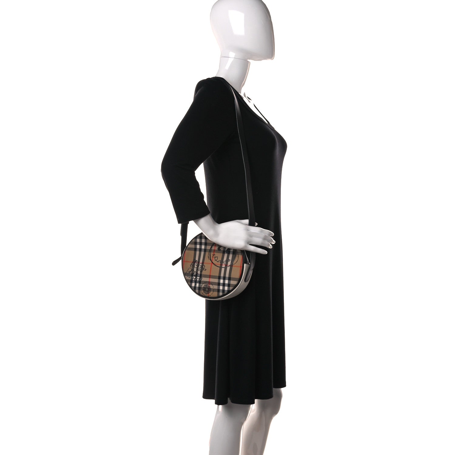 Burberry Vintage Check Calfskin Cartoon Print Round Bag Black White 2 of 9