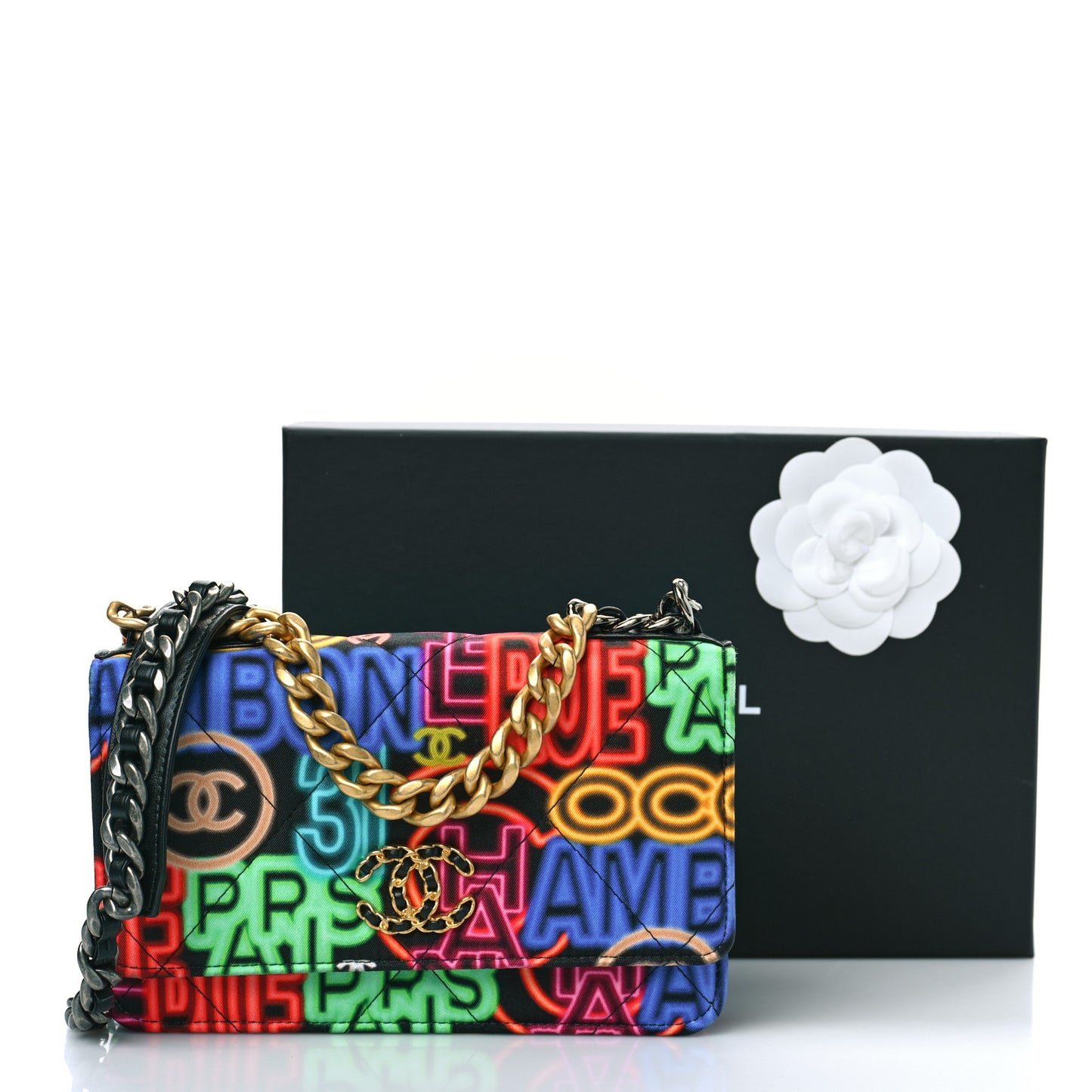 Fabric Printed Chanel 19 Wallet On Chain WOC Black Multicolor