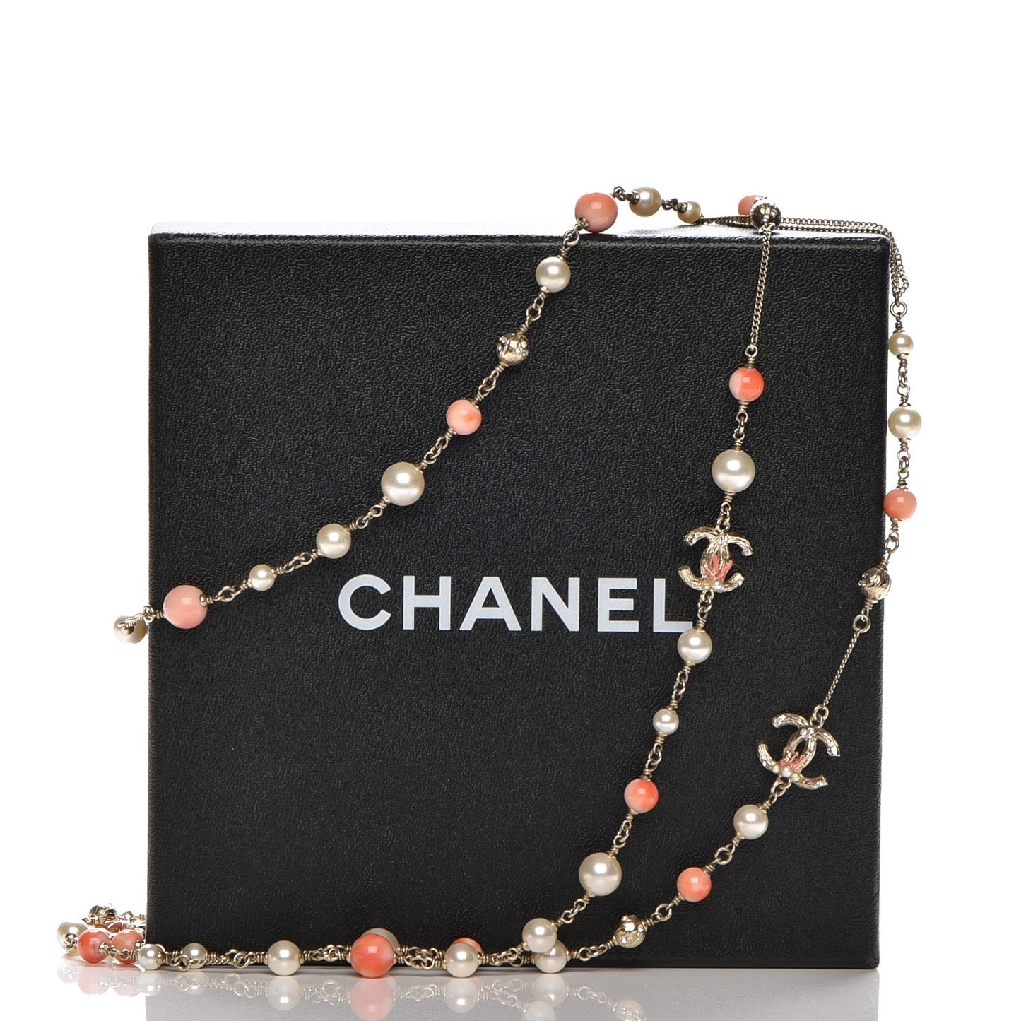 Beaded Pearl Crystal CC Long Strand Necklace Gold Coral