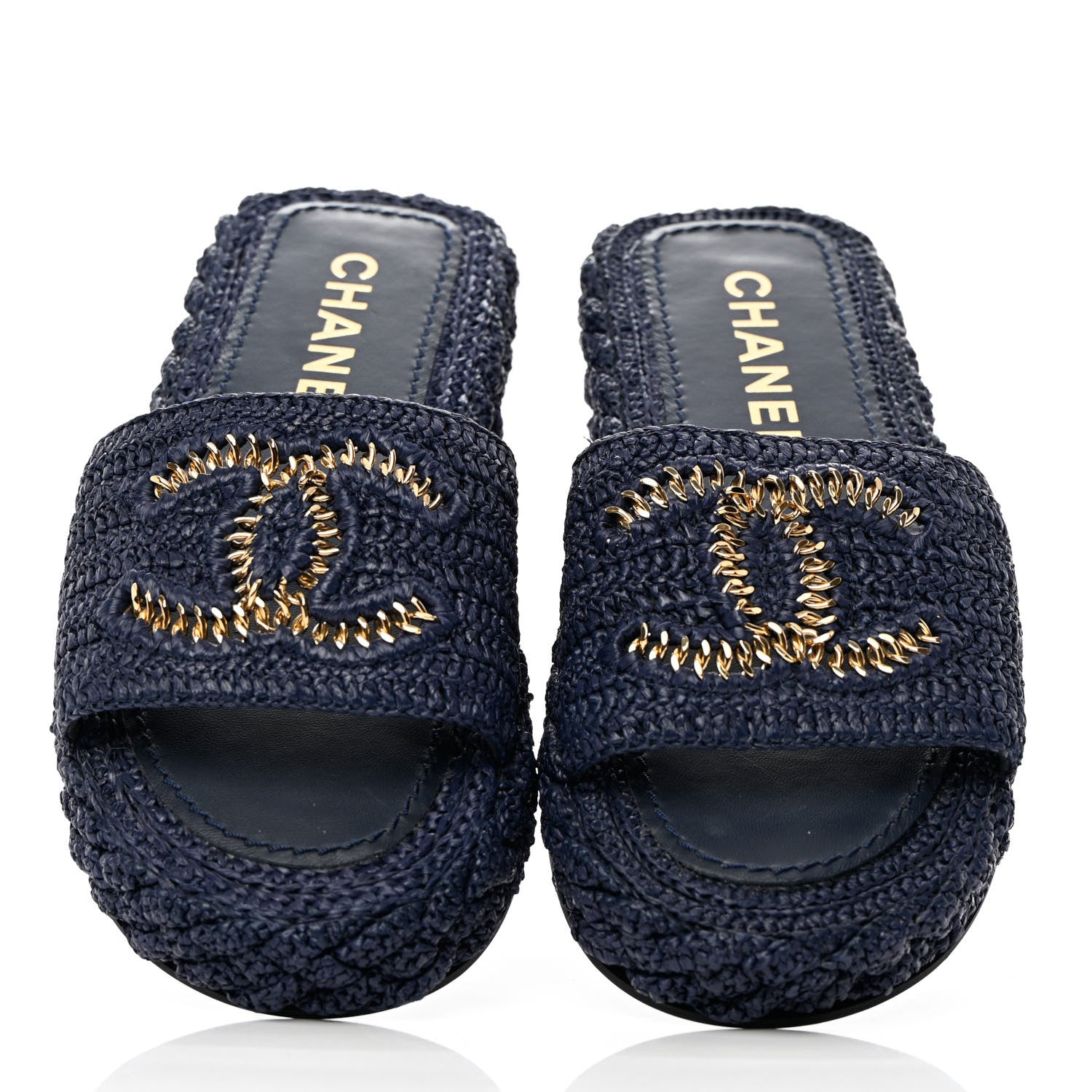 Chanel Cord CC Espadrille Slip On Sandals 37 Navy Blue 5 of 7