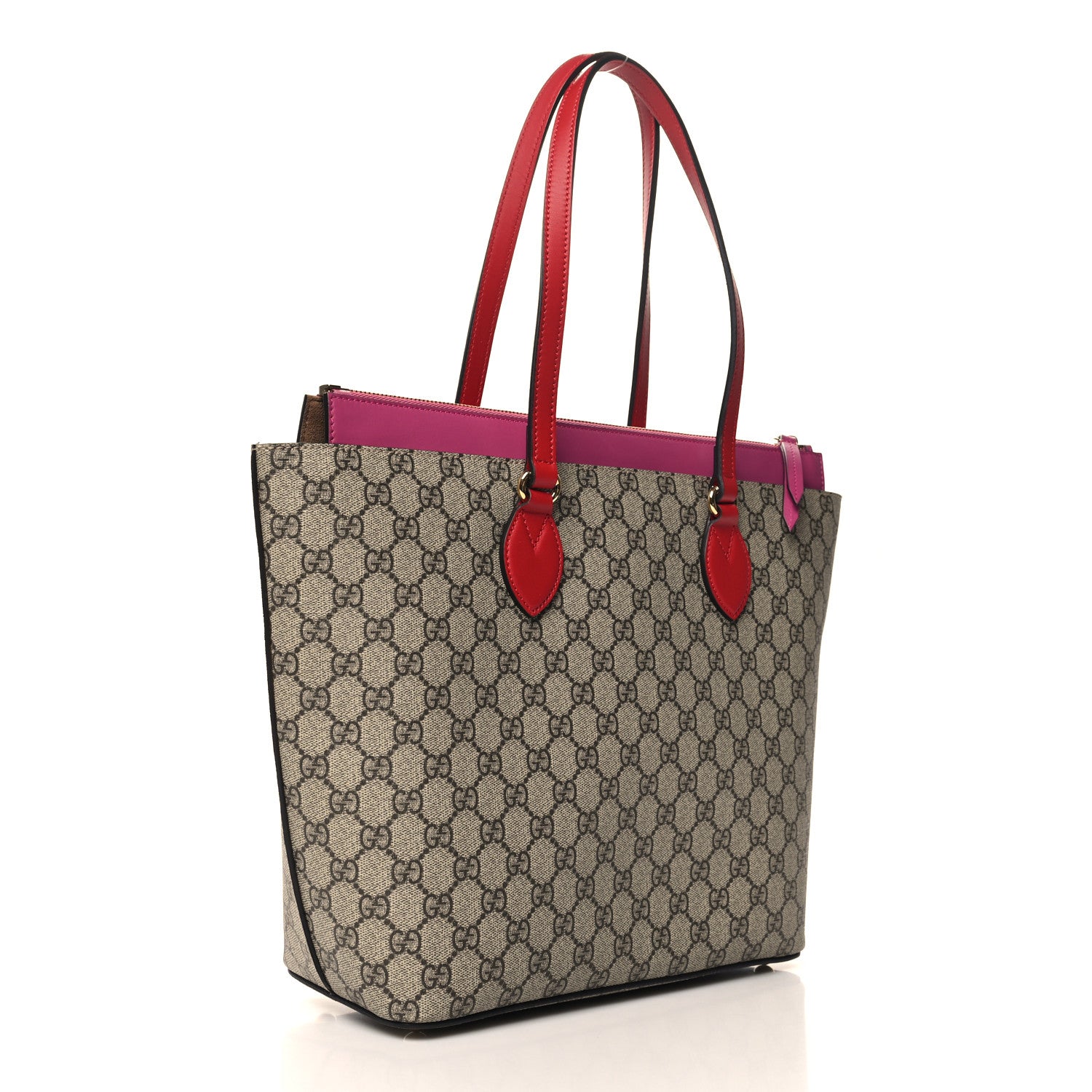 Gucci GG Supreme Monogram Medium Zippered Bucket Tote Beige Hibiscus Red New Rosette 3 of 10