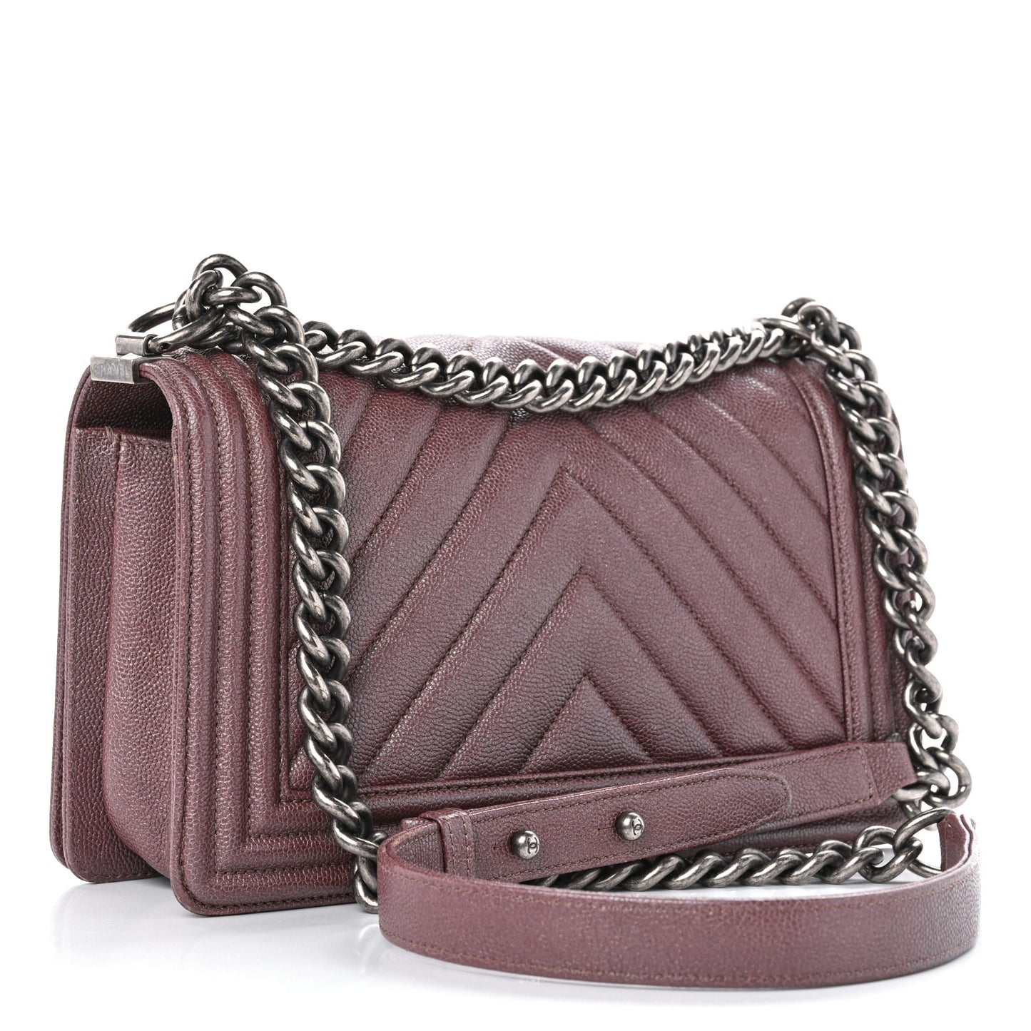Metallic Caviar Chevron Quilted Medium Boy Flap Dark Pink