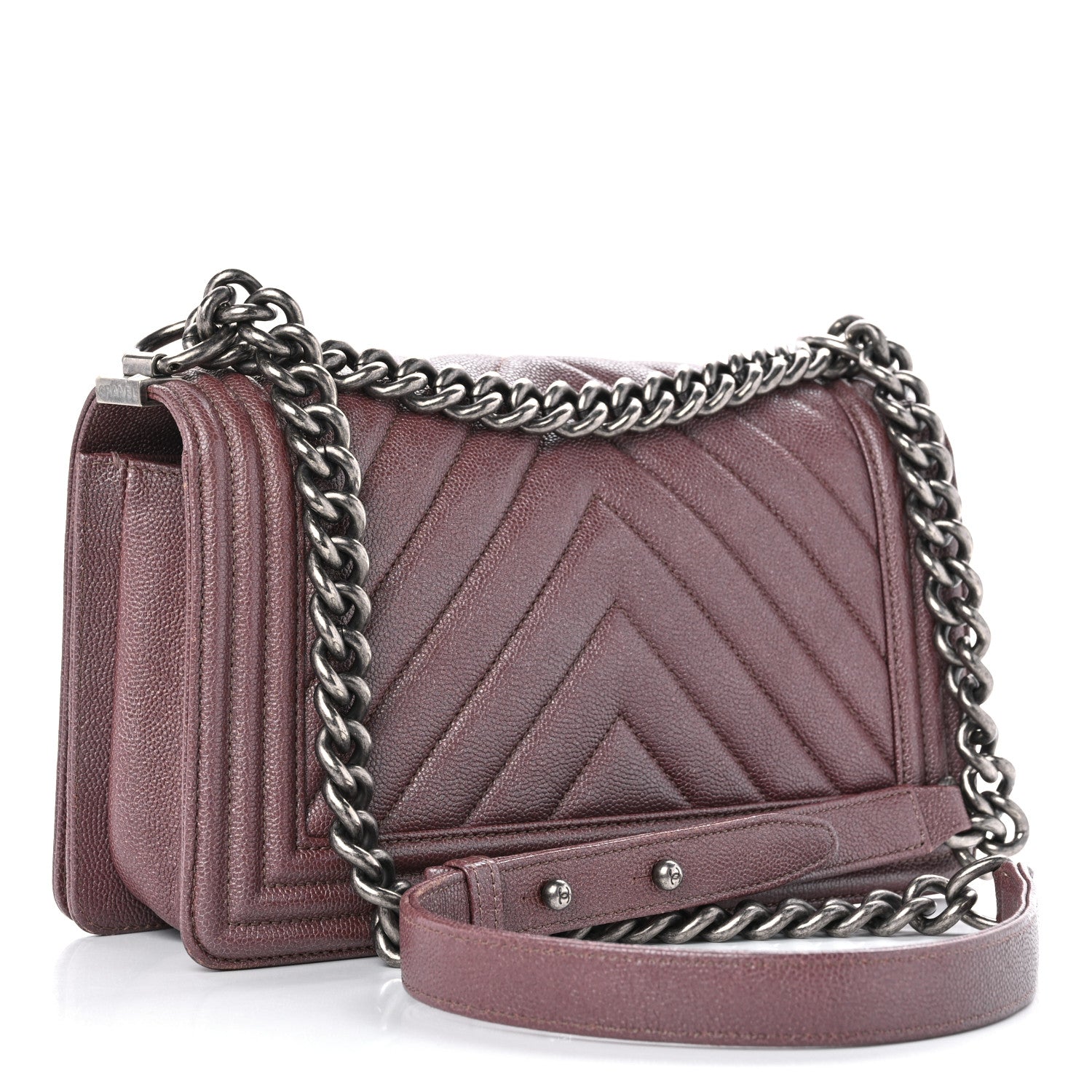Chanel Metallic Caviar Chevron Quilted Medium Boy Flap Dark Pink 3 of 12