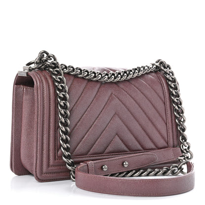 Chanel Metallic Caviar Chevron Quilted Medium Boy Flap Dark Pink 3 of 12