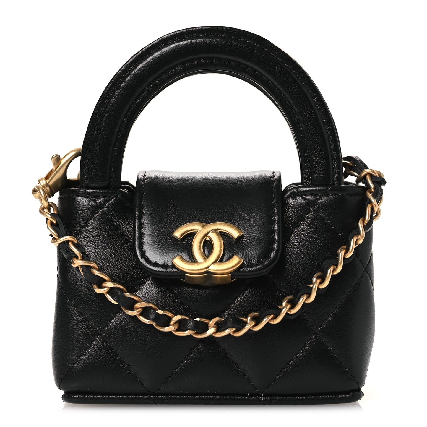 Shiny Lambskin Quilted Mini Kelly Bag Charm Black