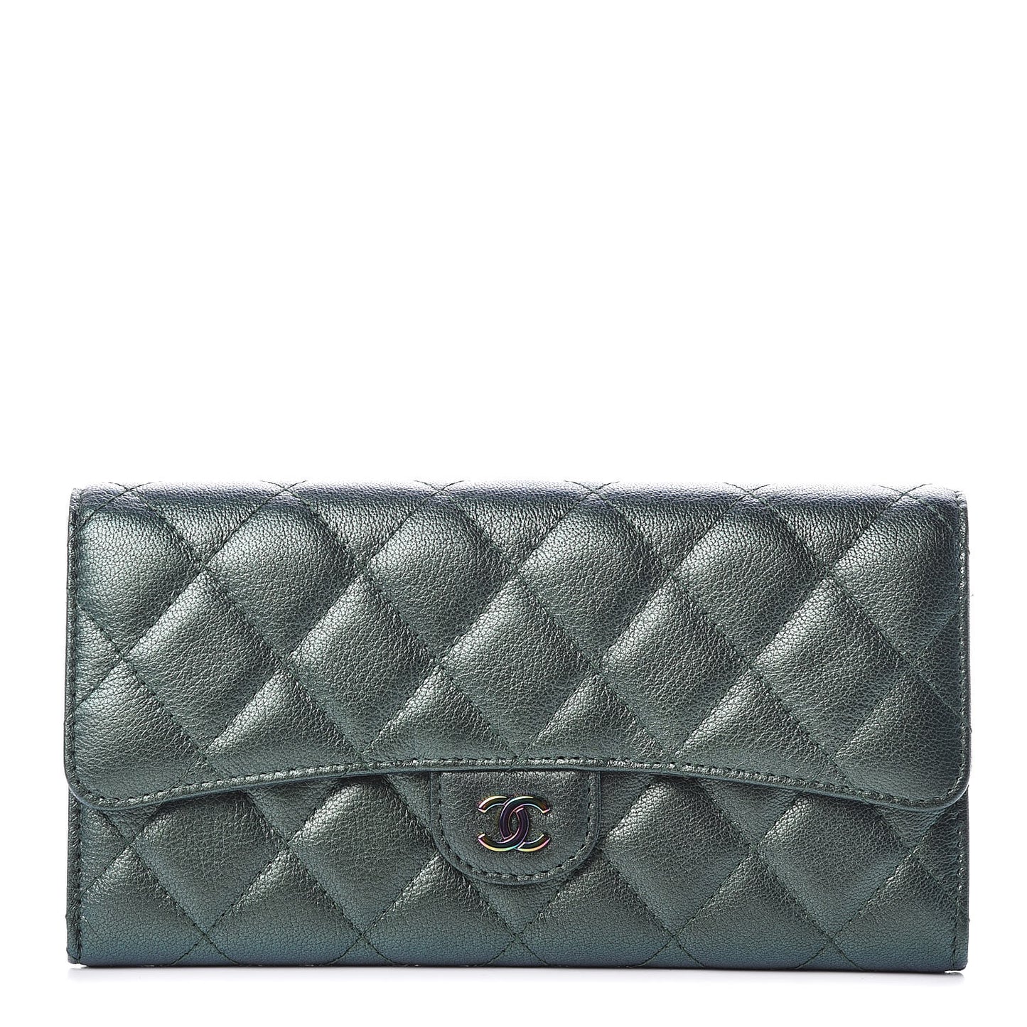 Iridescent Goatskin Quilted Large Flap Wallet Green