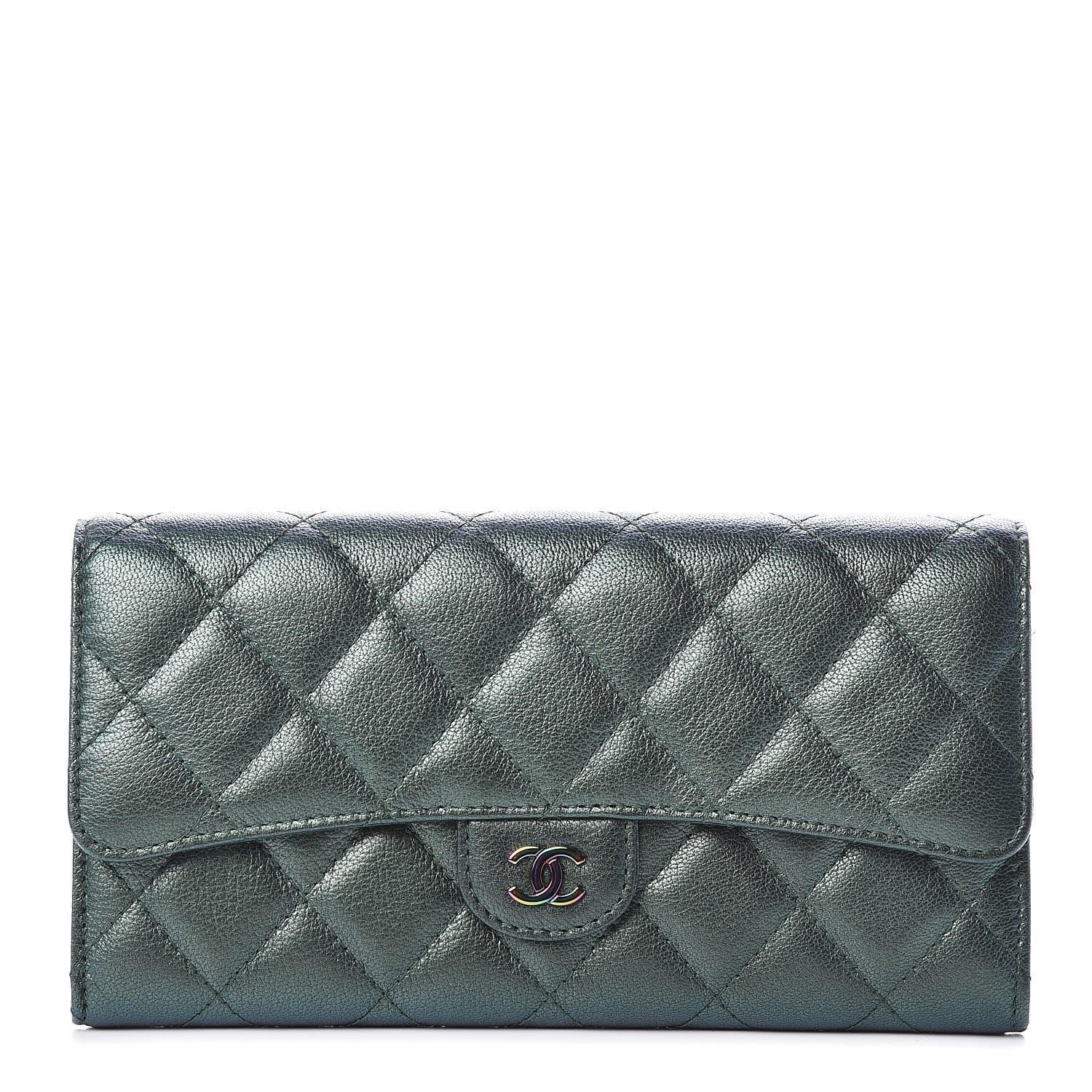 Chanel Iridescent Goatskin Quilted Large Flap Wallet Green 1 of 8