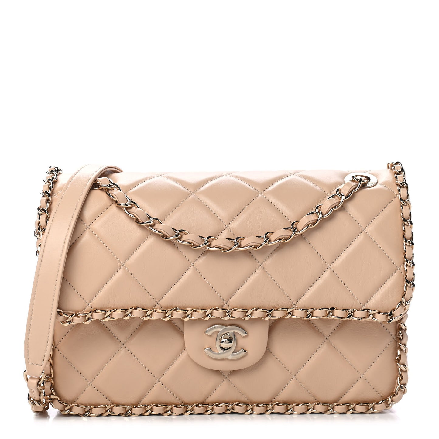 Crumpled Calfskin Medium Chain All Over Flap Beige