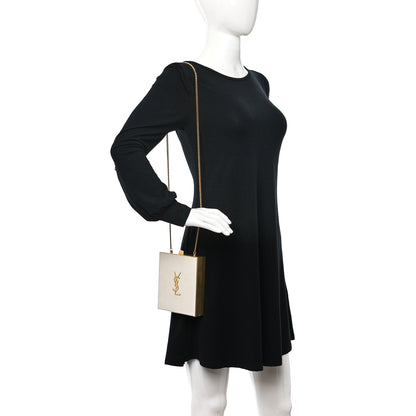 Saint Laurent Metal Calfskin Shagreen Embossed Monogram Minaudiere Tuxedo Box Clutch Blanc Vintage Light Bronze 2 of 10