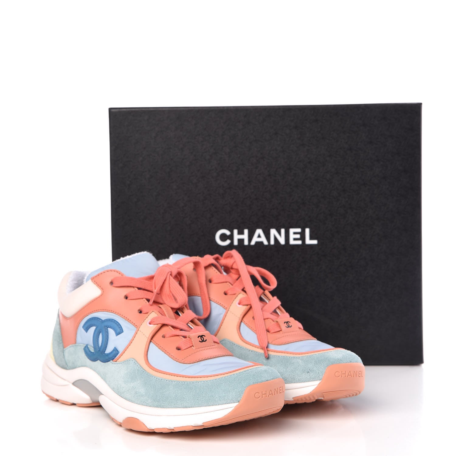 Chanel Nylon Lambskin Suede Calfskin CC Sneakers 40 Coral Light Blue White 11 of 11