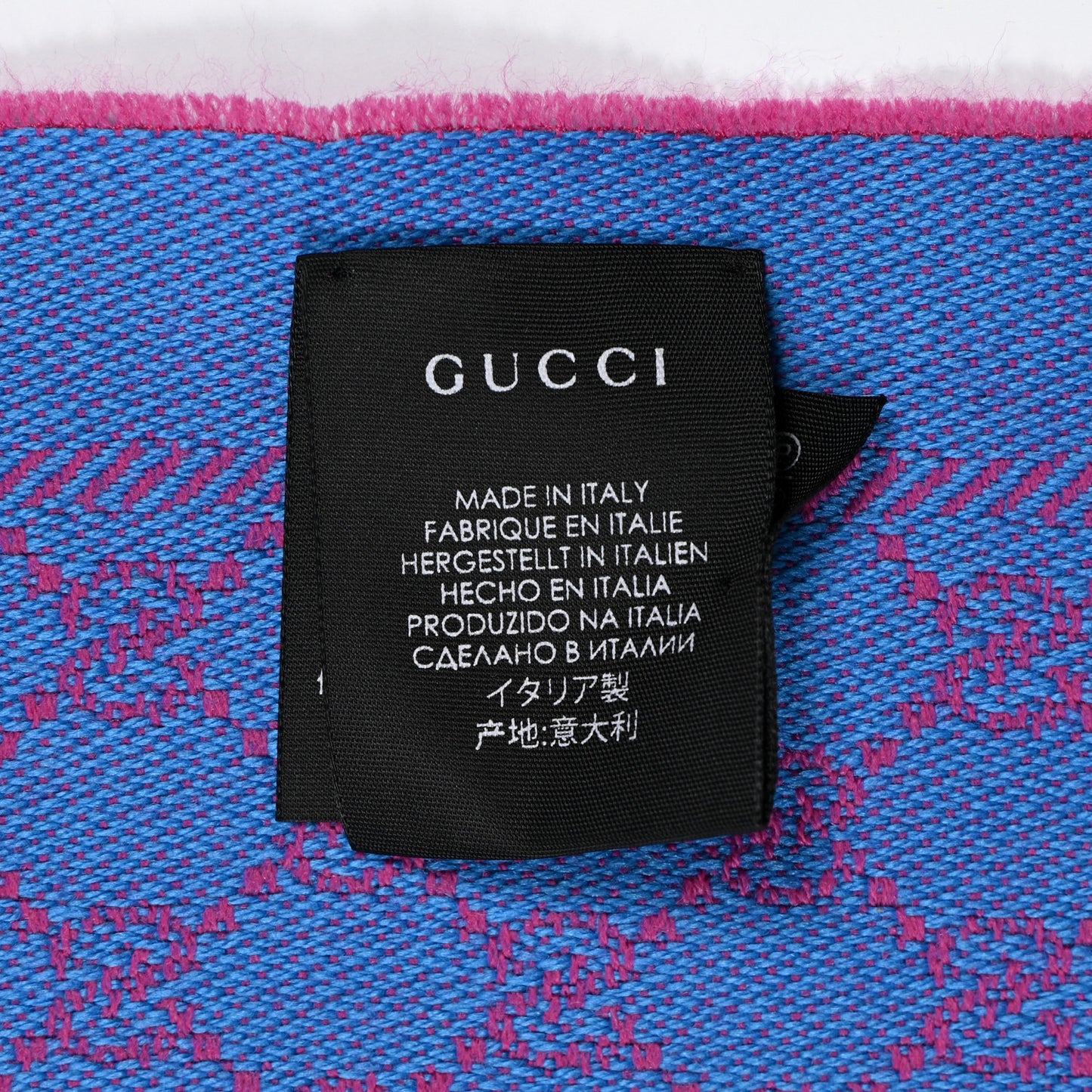 Wool GG Monogram Reversible New Sten Fringe Scarf Fuxia Sky Blue
