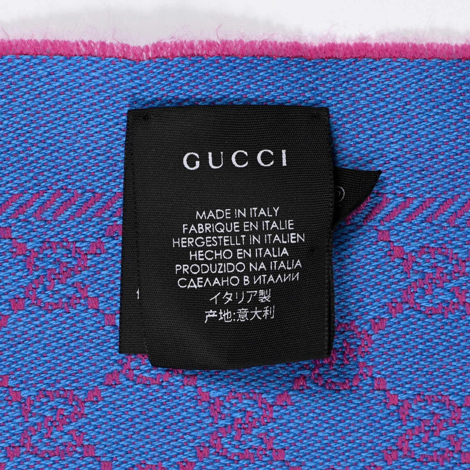 Gucci Wool GG Monogram Reversible New Sten Fringe Scarf Fuxia Sky Blue 4 of 4