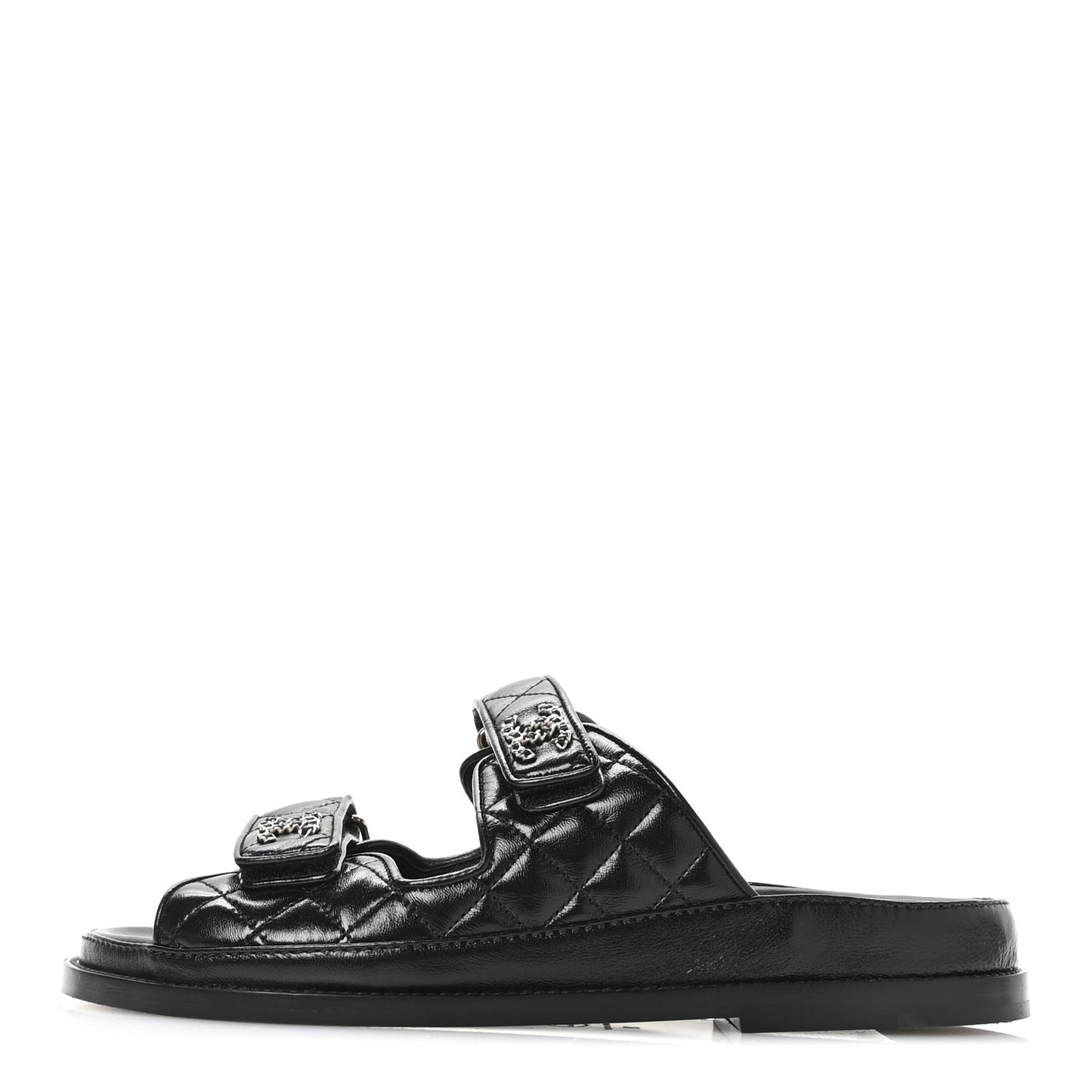 Lambskin Quilted Velcro Dad Chain CC Slide Sandals 39 Black