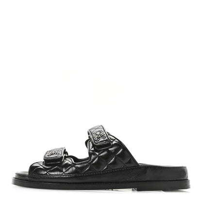 Chanel Lambskin Quilted Velcro Dad Chain CC Slide Sandals 39 Black 1 of 10