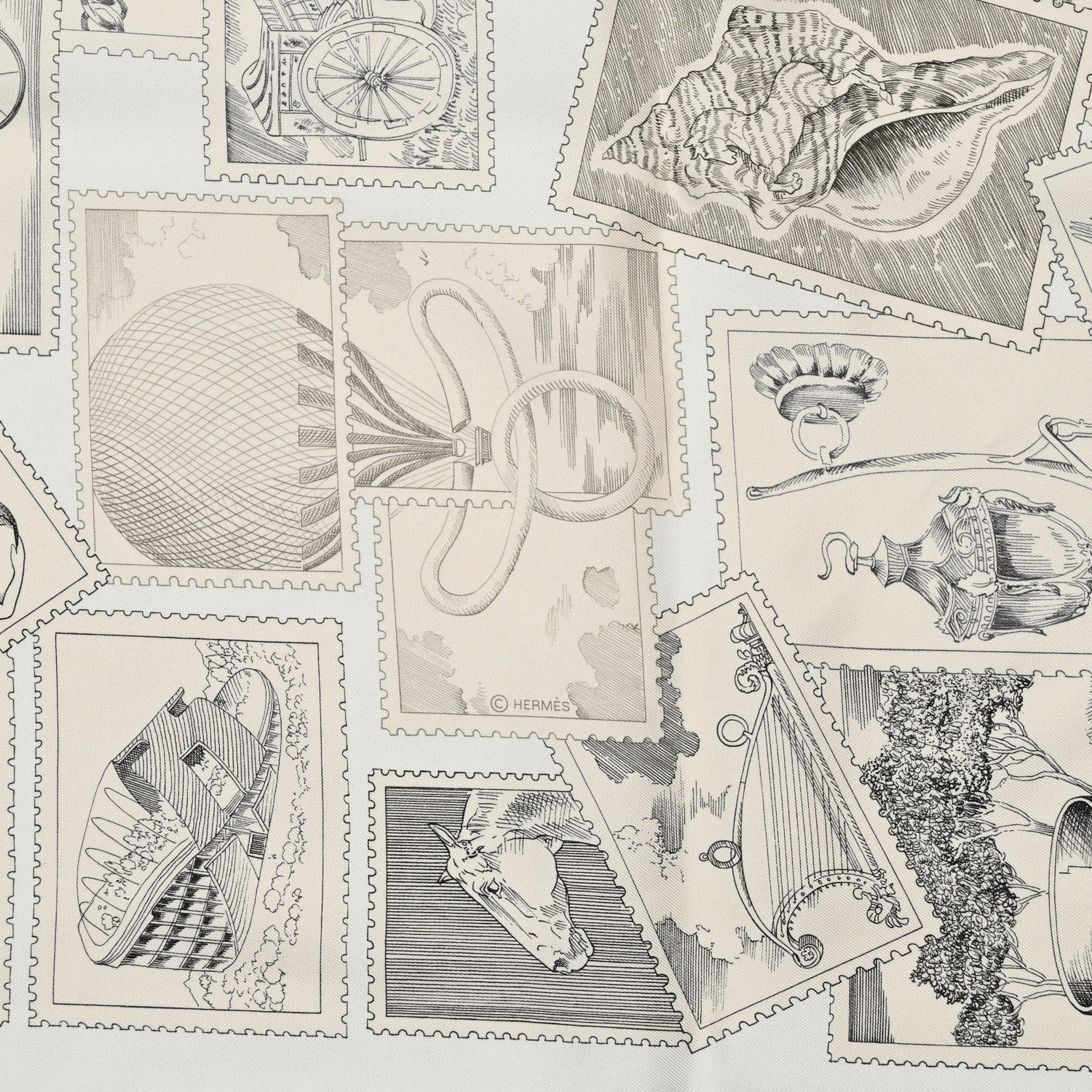 Hermes Silk Le Philateliste Du Faubourg Scarf 90 Gris Parchemin White 4 of 5