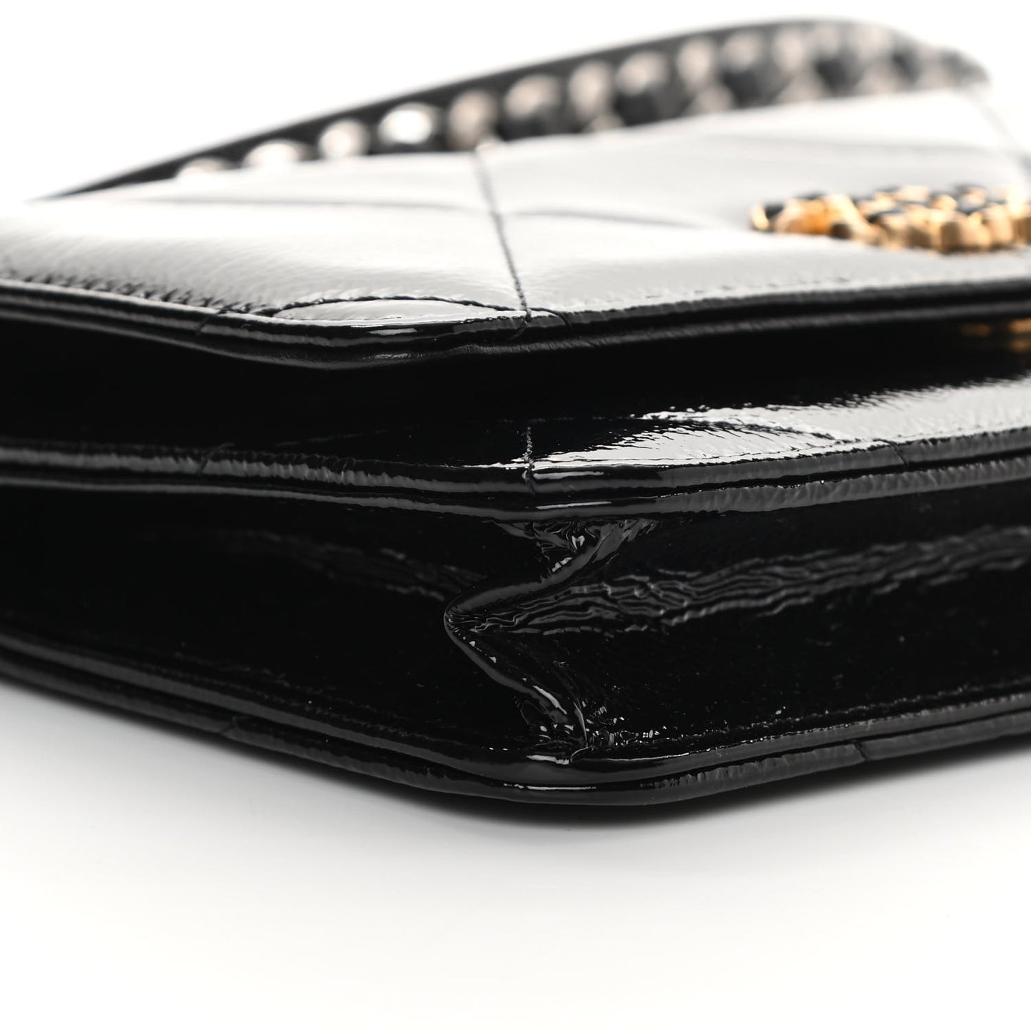 Shiny Crumpled Calfskin Quilted Chanel 19 Wallet On Chain WOC Black