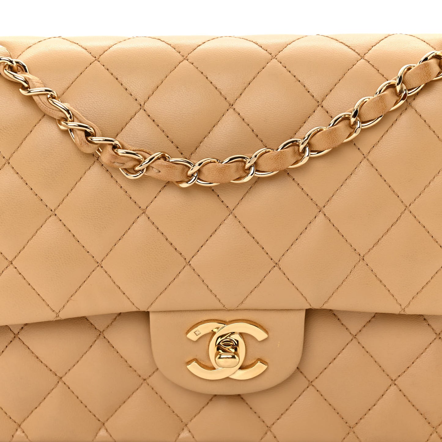 Lambskin Quilted Medium Double Flap Beige