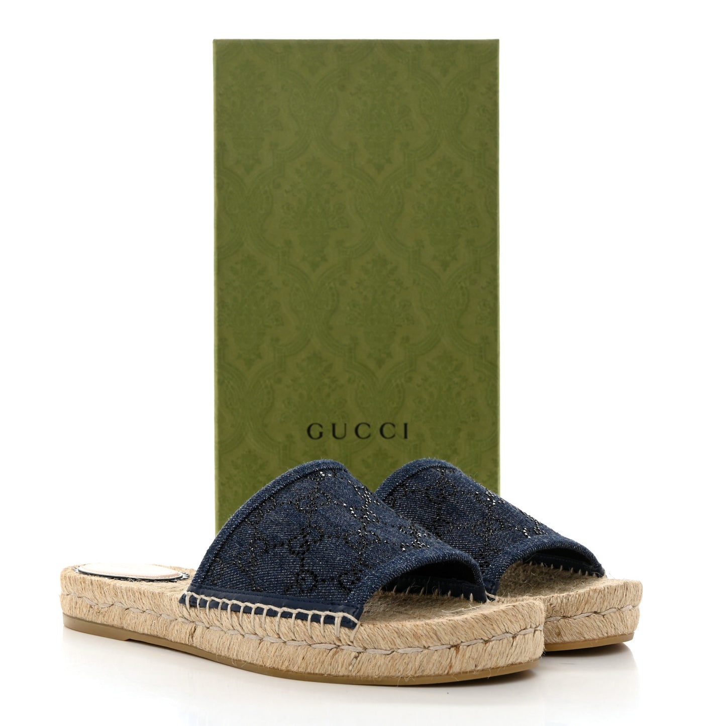 Denim Crystals GG Monogram Espadrille 20mm Slide Sandals 39 Denim