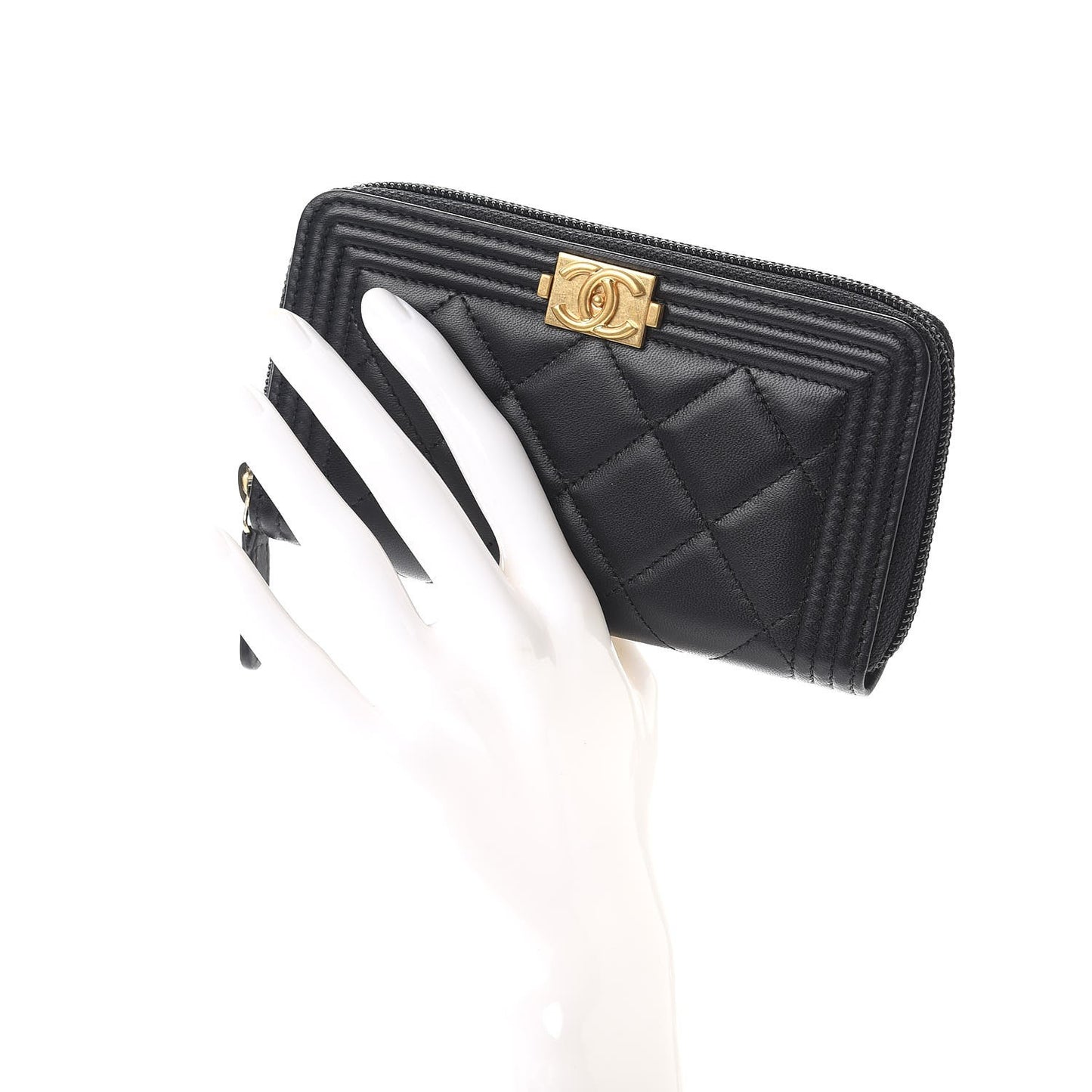 Lambskin Quilted Small Boy Zip Around Wallet Black