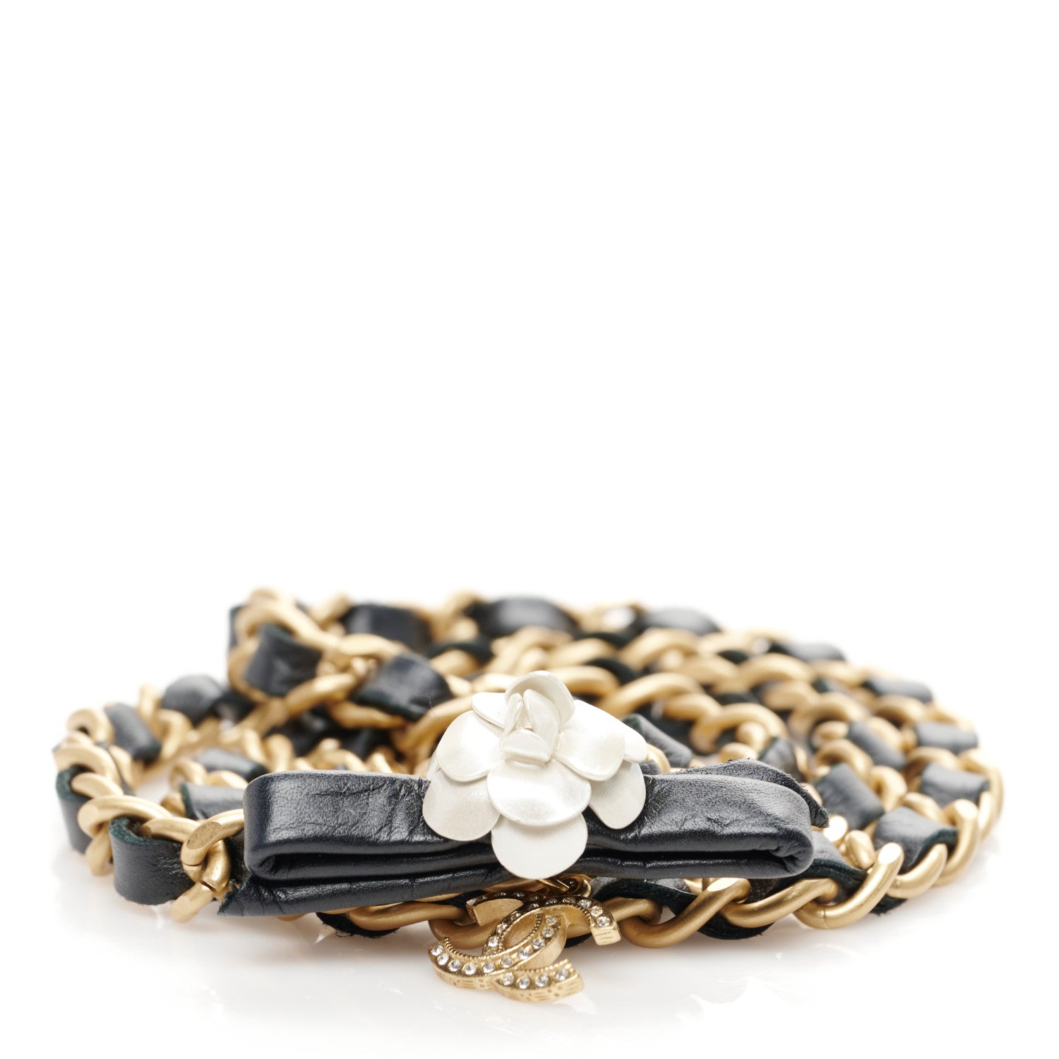 Chanel Calfskin Crystal Chain Camellia Belt 90 Black Gold 1 of 4
